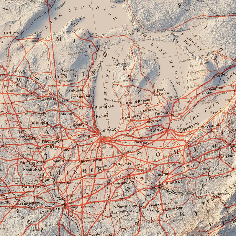 USA Railroad 1884 Shaded Relief Map - Muir Way - Vintage Relief