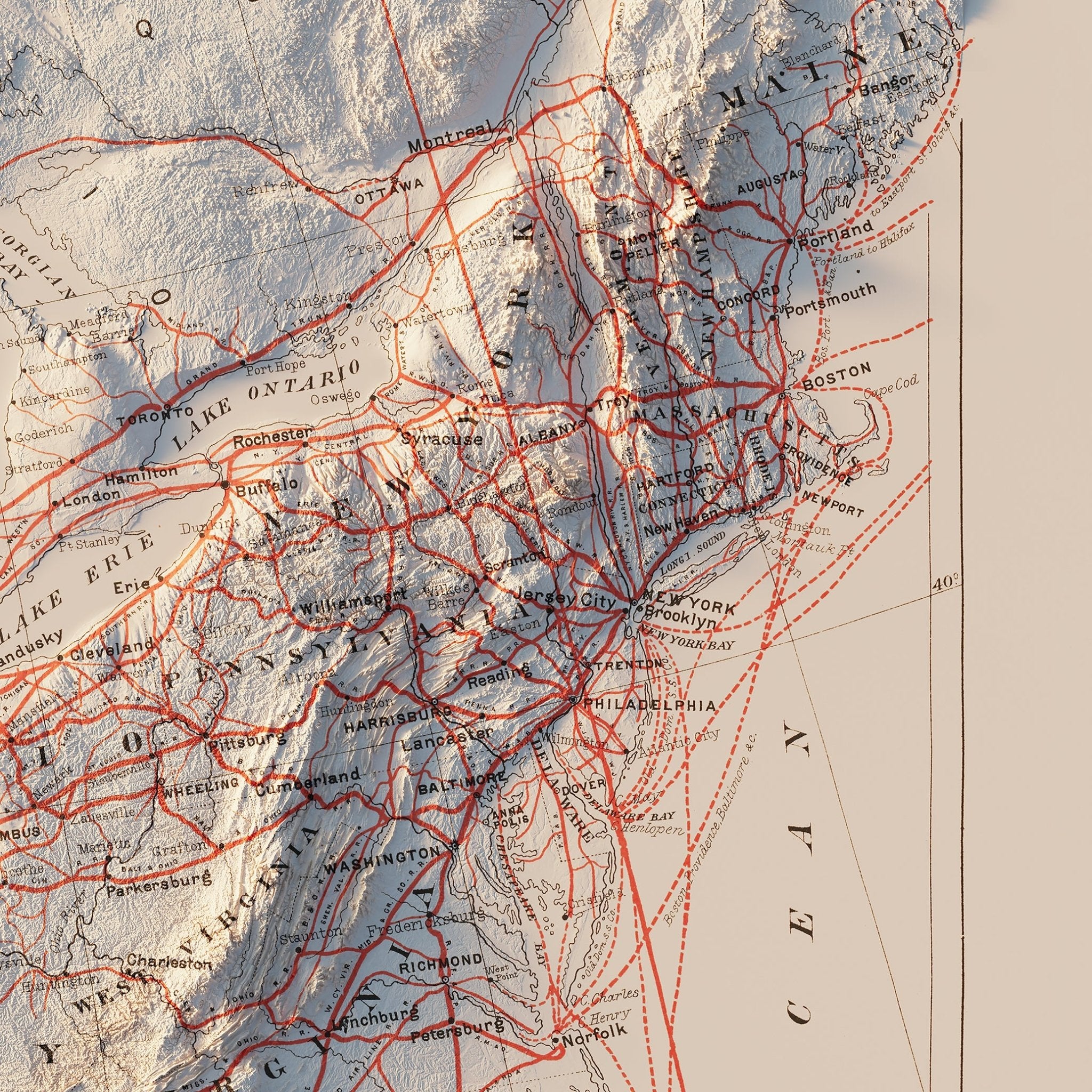 USA Railroad 1884 Shaded Relief Map - Muir Way - Vintage Relief