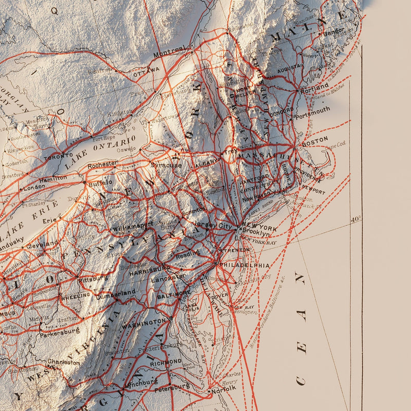 USA Railroad 1884 Shaded Relief Map - Muir Way - Vintage Relief