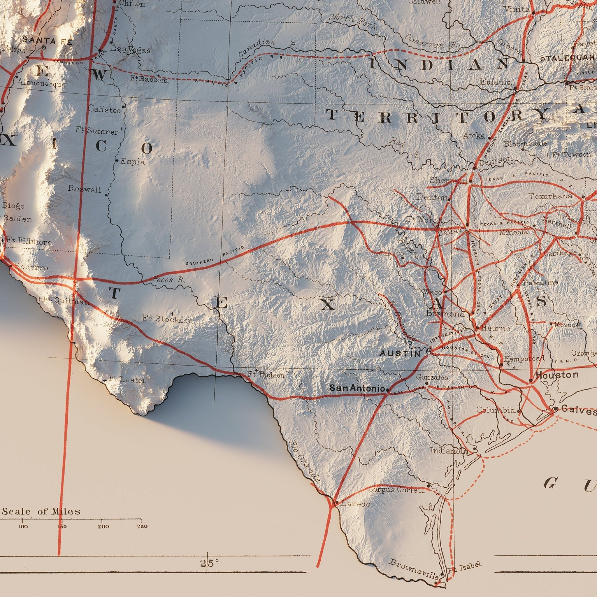 USA Railroad 1884 Shaded Relief Map - Muir Way - Vintage Relief