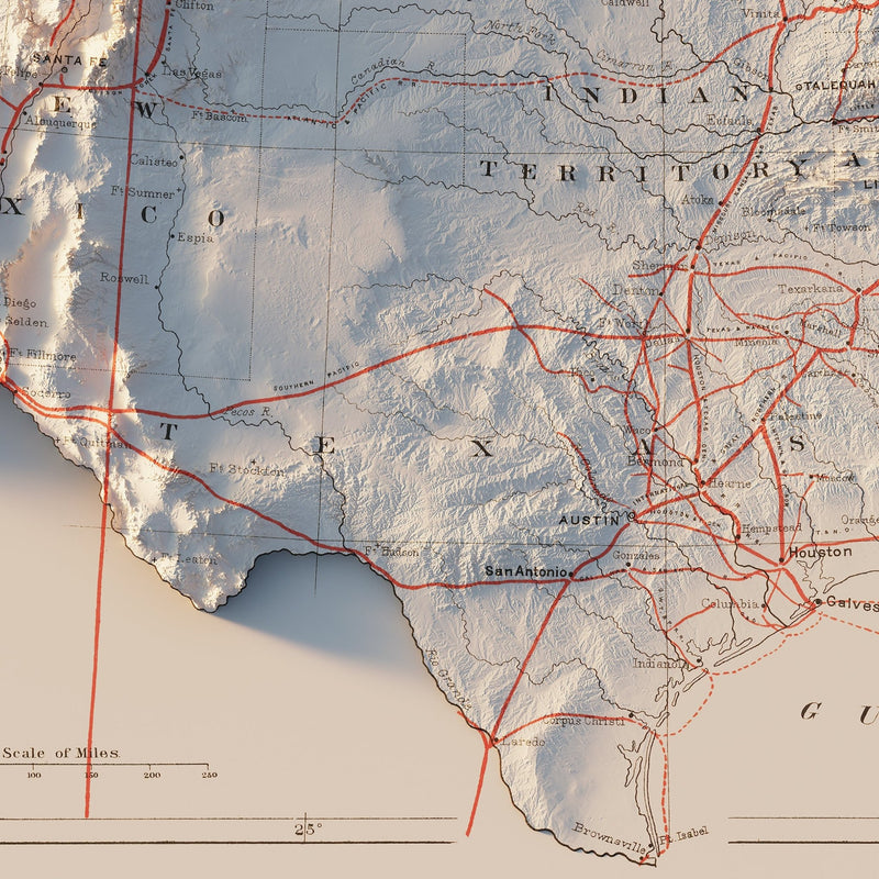 USA Railroad 1884 Shaded Relief Map - Muir Way - Vintage Relief