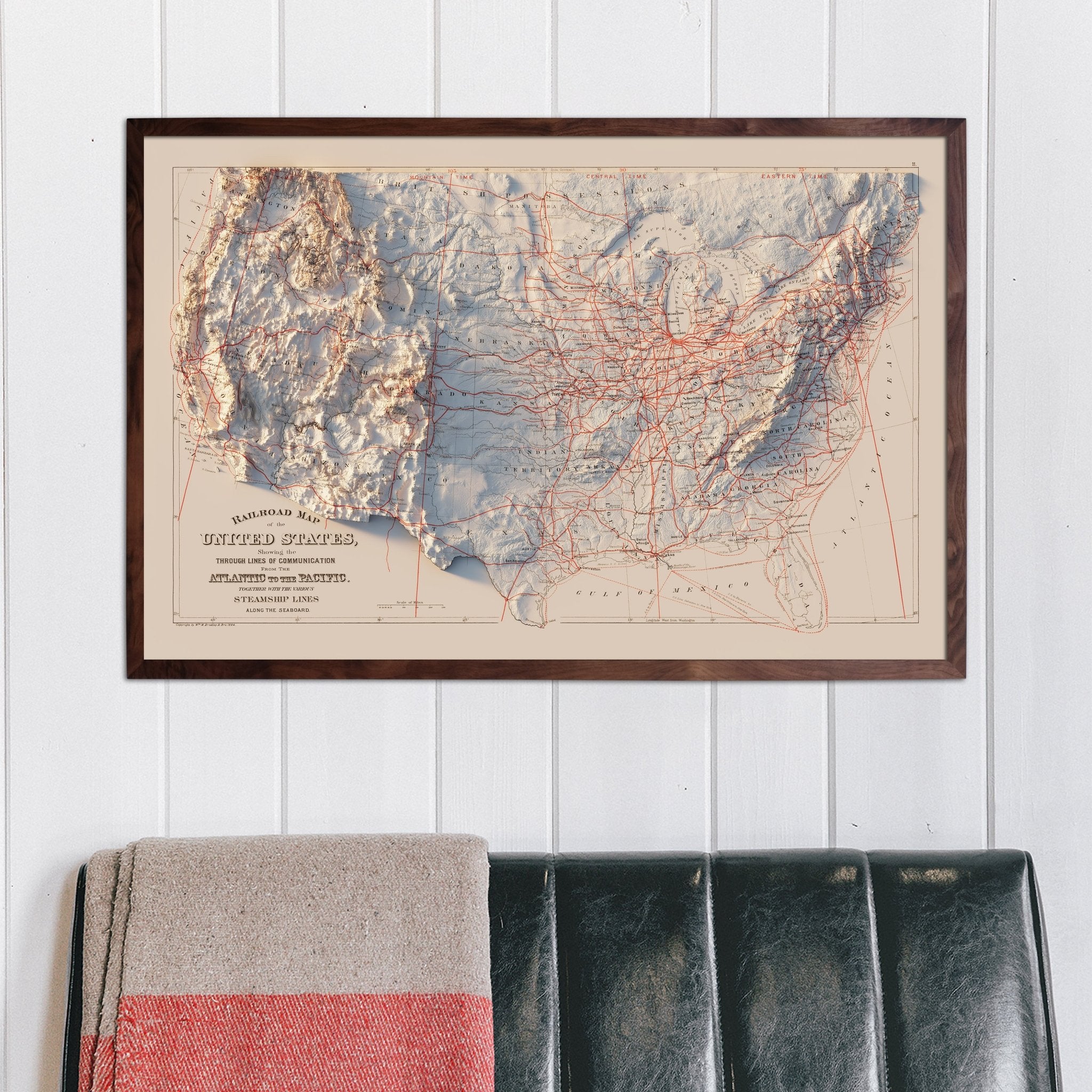 USA Railroad 1884 Shaded Relief Map - Muir Way - Vintage Relief