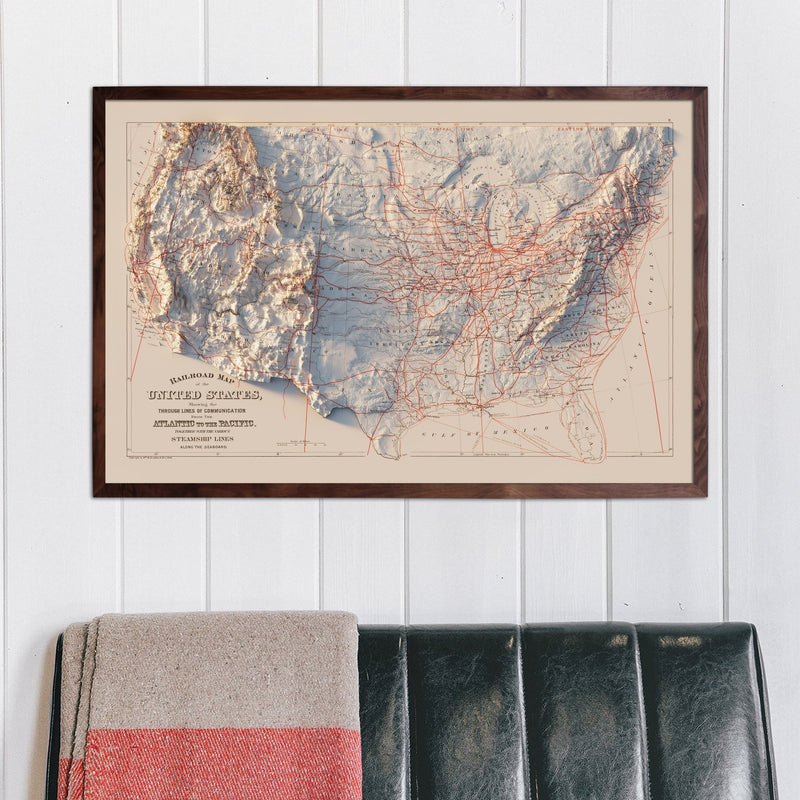 USA Railroad 1884 Shaded Relief Map - Muir Way - Vintage Relief
