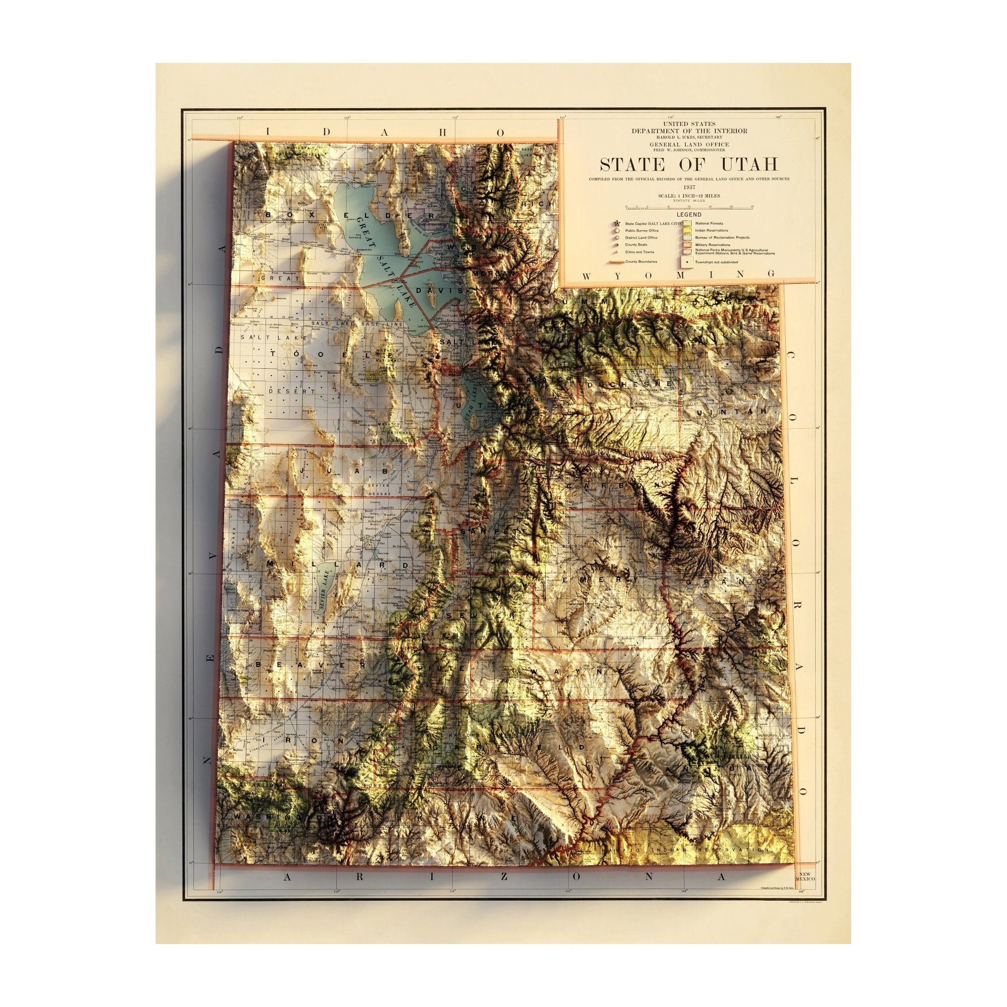 Utah 1937 Shaded Relief Map - Muir Way - Vintage Relief