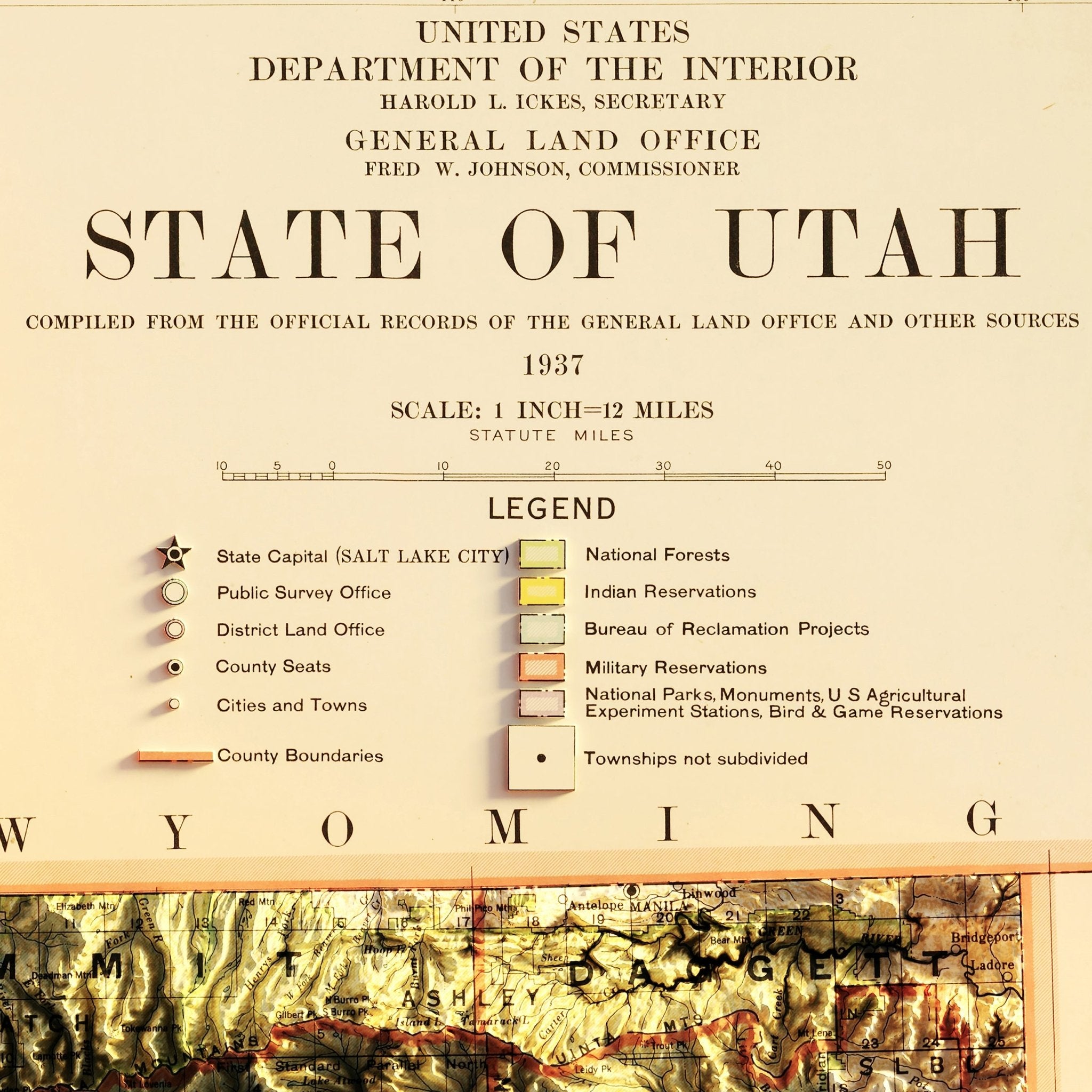 Utah 1937 Shaded Relief Map - Muir Way - Vintage Relief