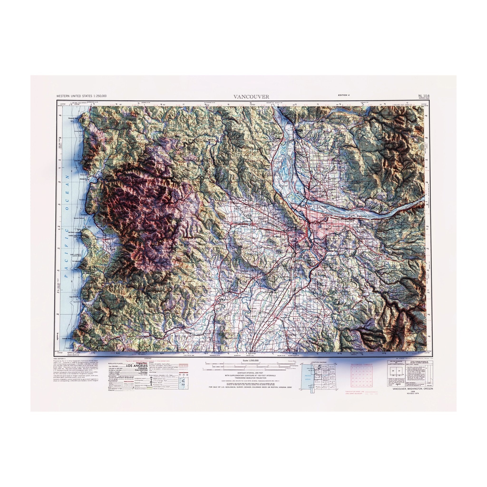 Vancouver, Washington 1958 Shaded Relief Map - Muir Way - Vintage Relief