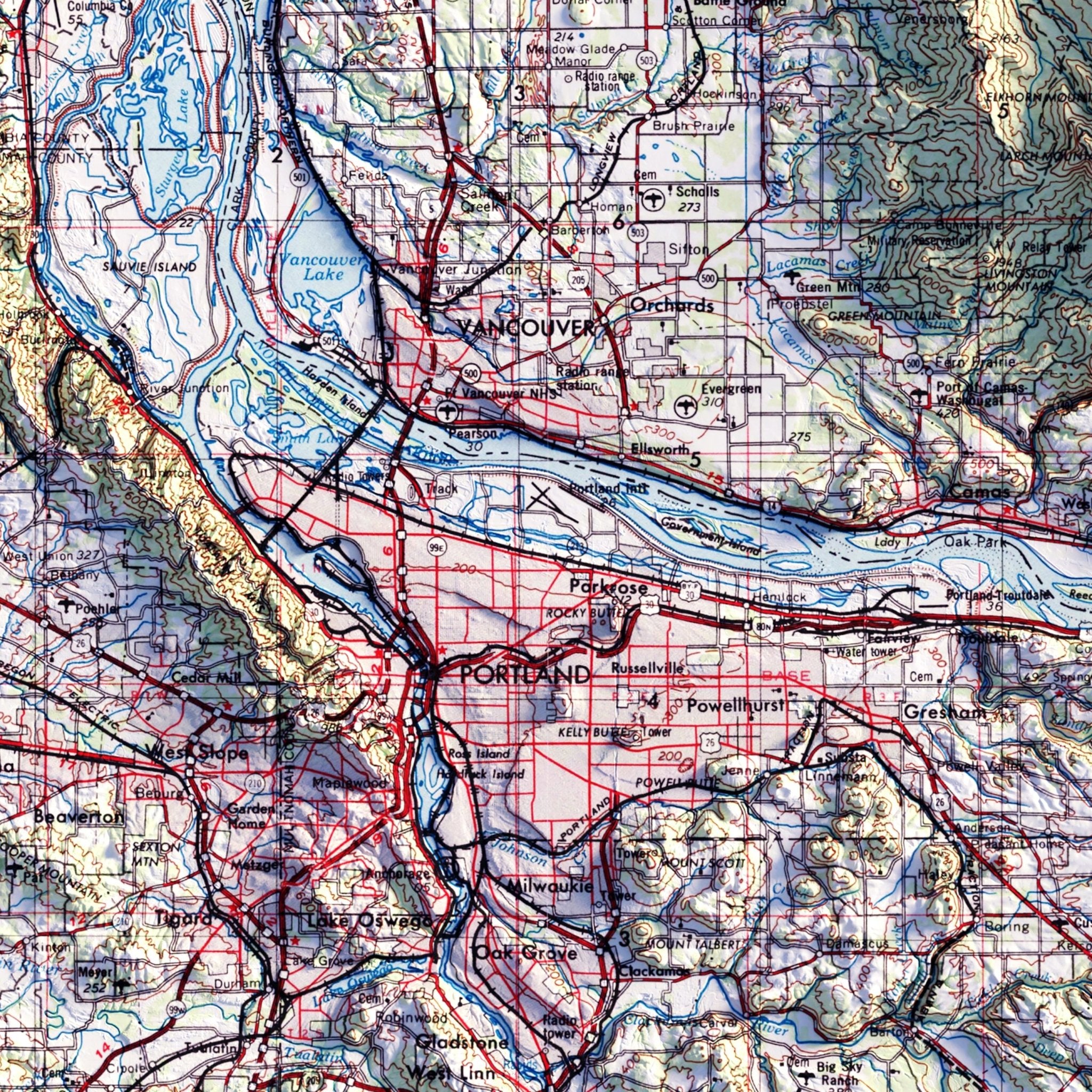 Vancouver, Washington 1958 Shaded Relief Map - Muir Way - Vintage Relief