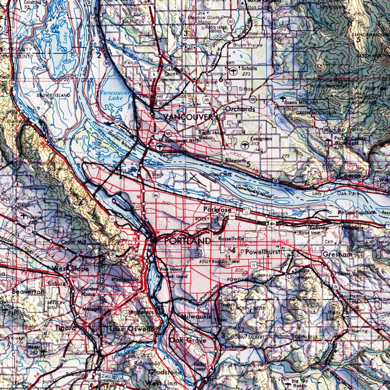 Vancouver, Washington 1958 Shaded Relief Map - Muir Way - Vintage Relief