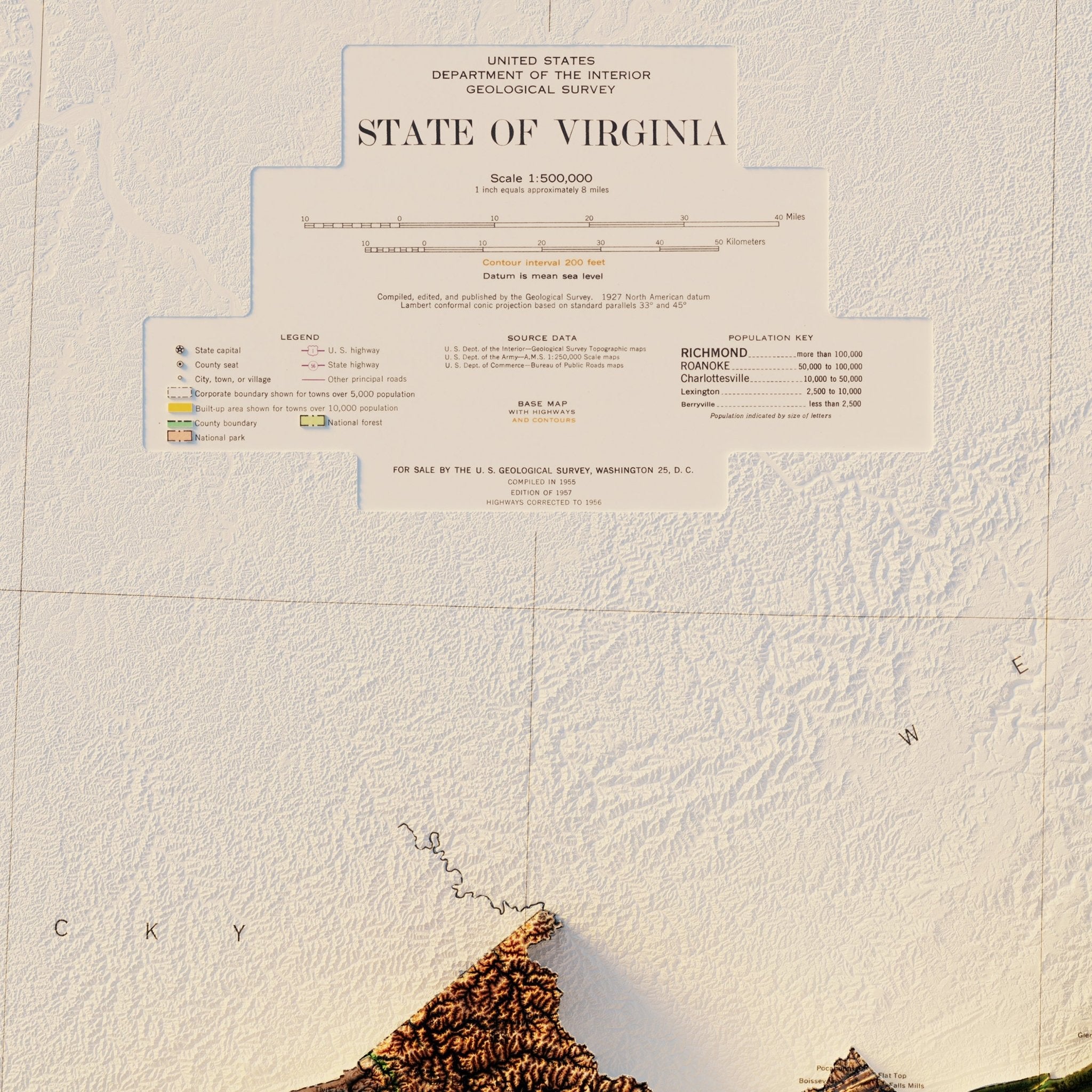 Virginia 1957 Shaded Relief Map - Muir Way - Vintage Relief