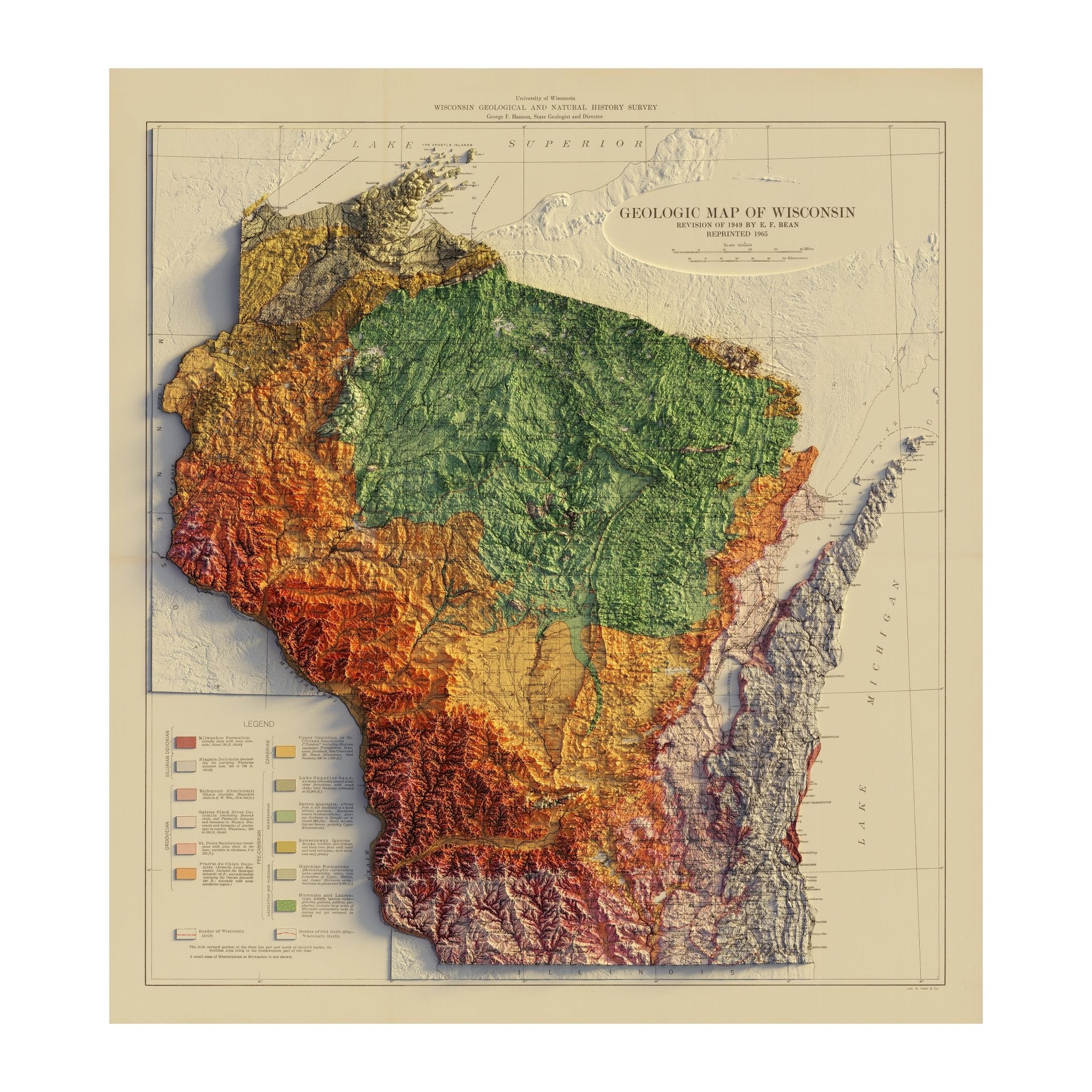 Wisconsin 1965 Shaded Relief Map - Muir Way - Vintage Relief