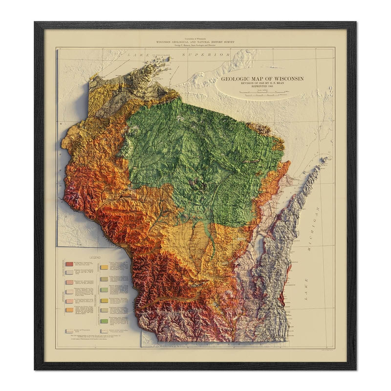 Wisconsin 1965 Shaded Relief Map - Muir Way - Vintage Relief