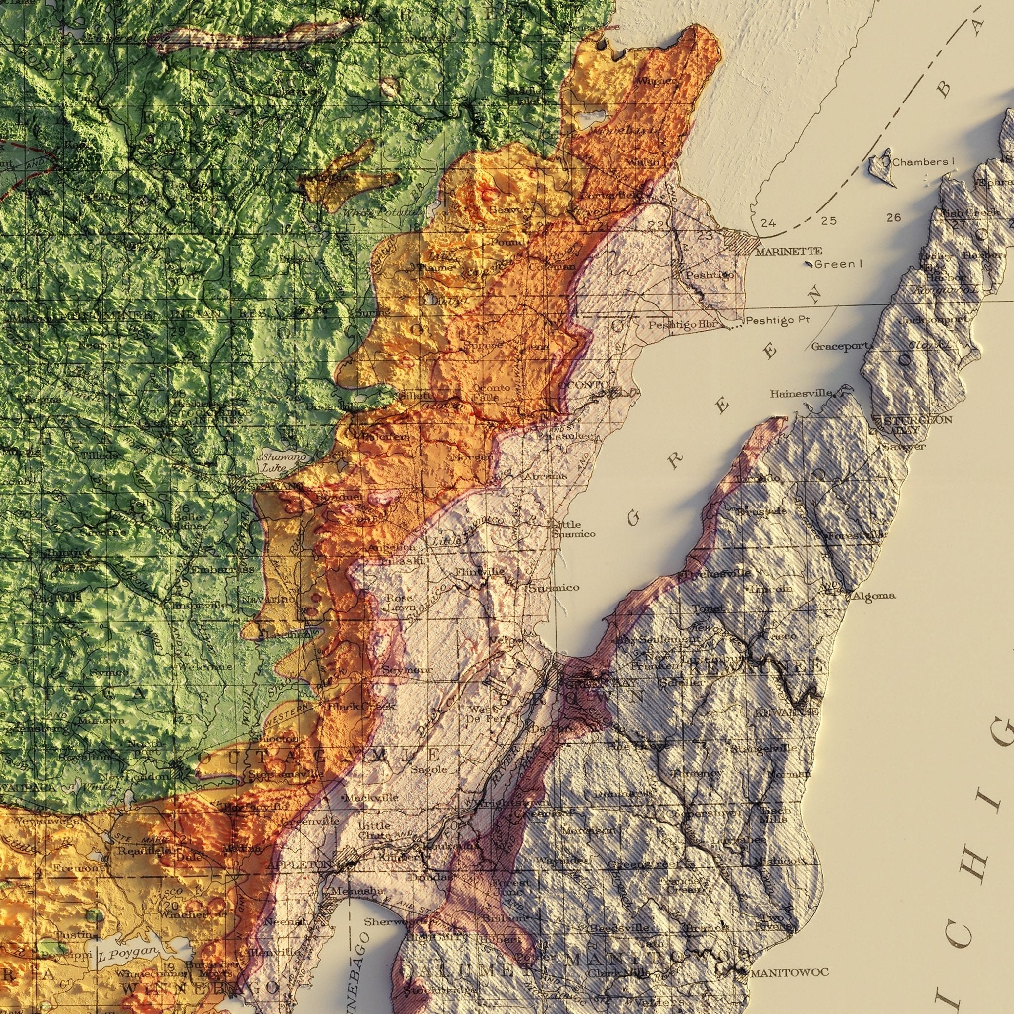 Wisconsin 1965 Shaded Relief Map - Muir Way - Vintage Relief