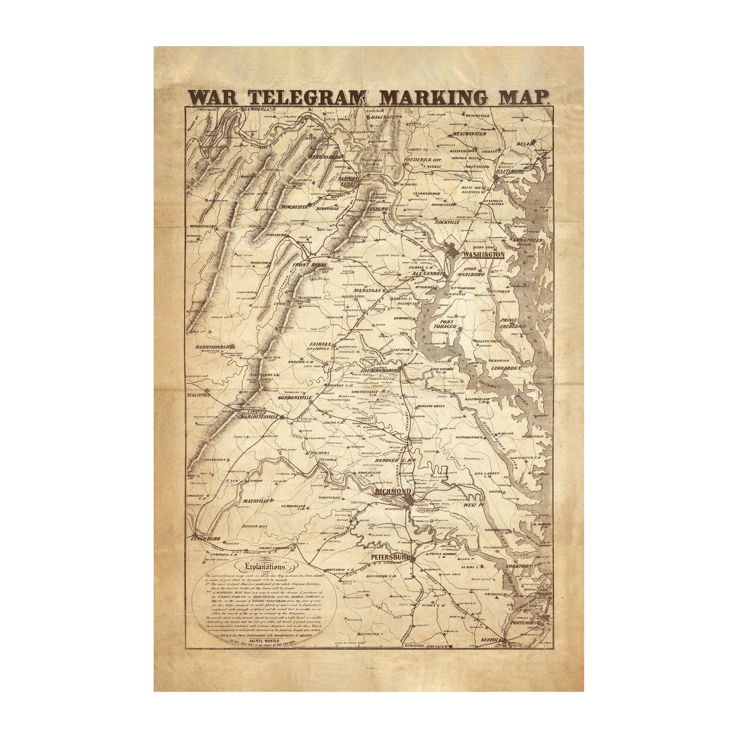 Detailed Civil War Telegram Marking Map Print from Muir Way