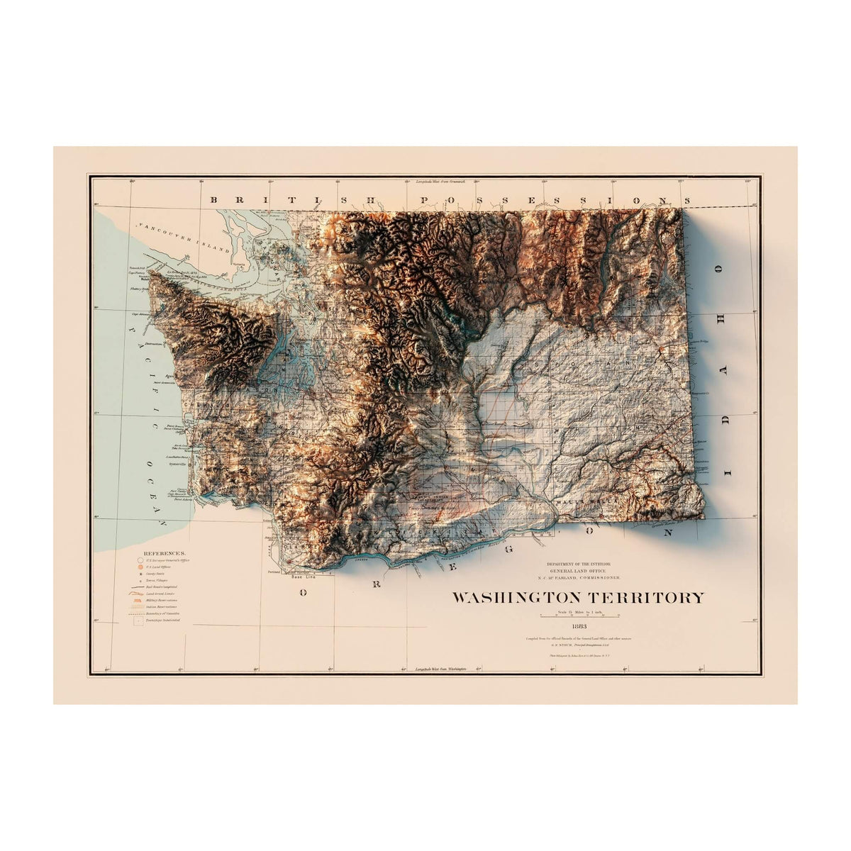 1883 Washington State Shaded Relief Map | Vintage Map - Muir Way