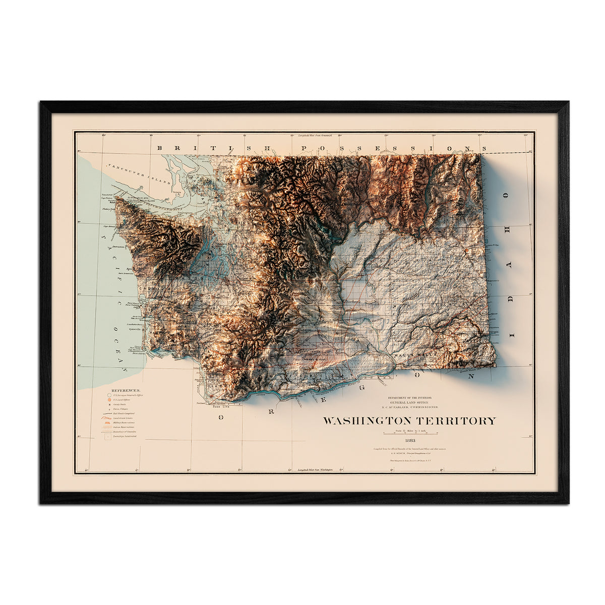 1883 Washington State Shaded Relief Map | Vintage Map - Muir Way