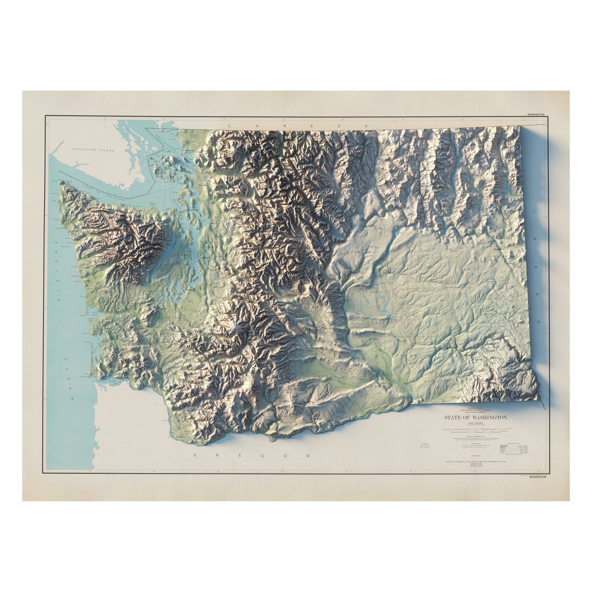 Washington 1968 Shaded Relief Map - Muir Way - Vintage Relief