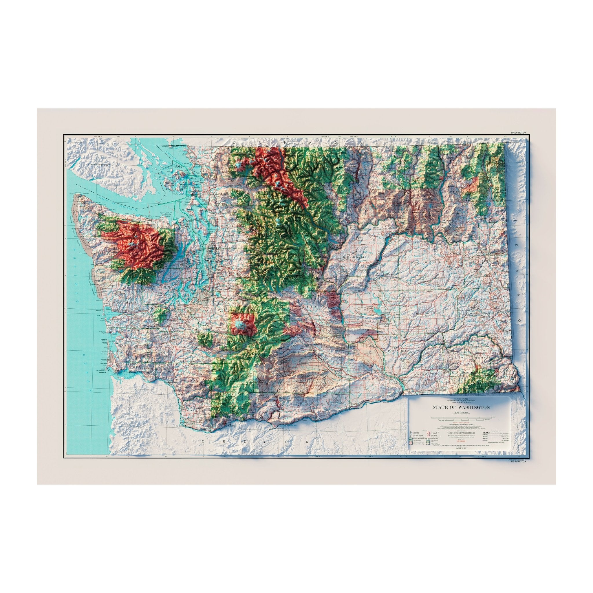 Washington 1982 Shaded Relief Map - Muir Way - Vintage Relief