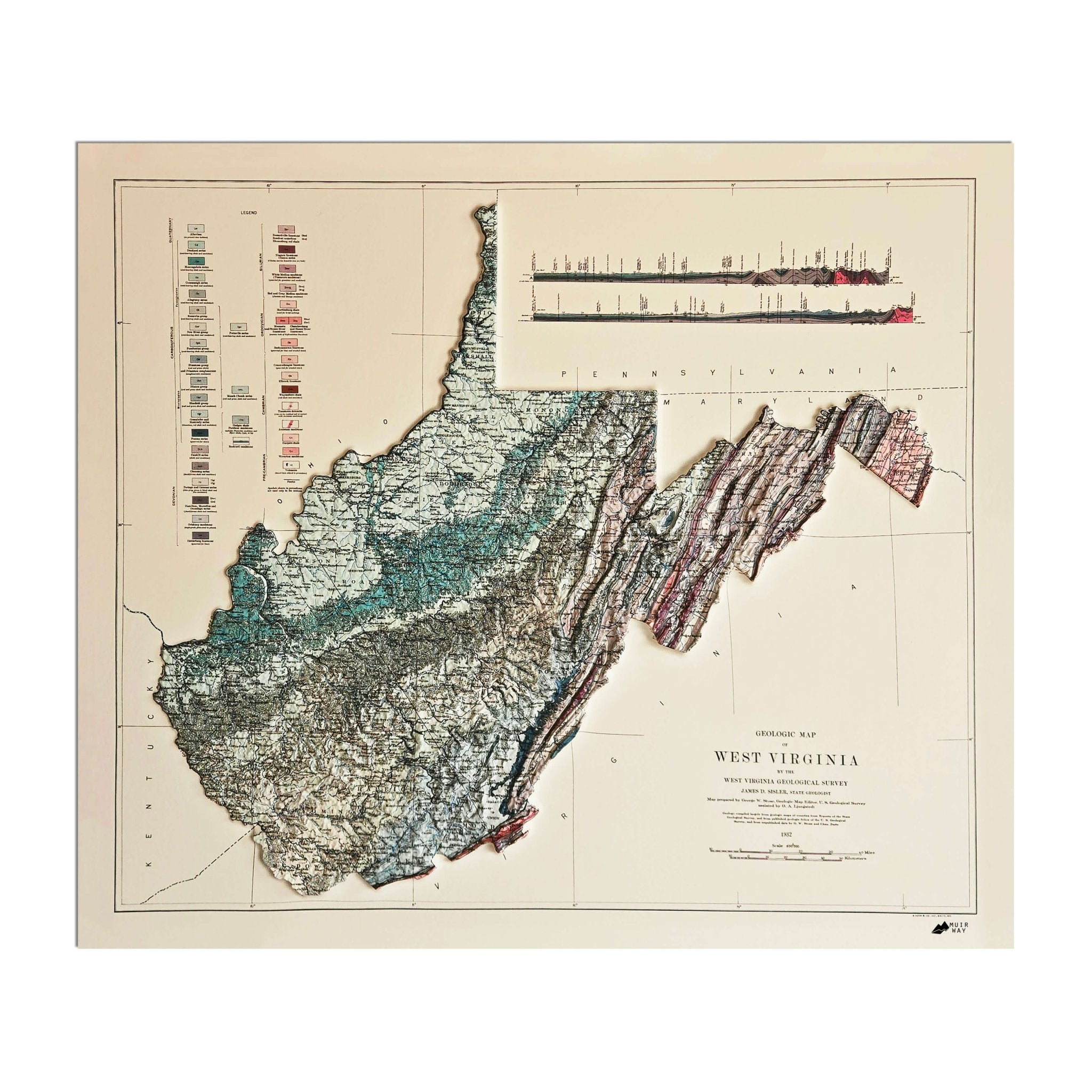 Raised Relief 3D Map of West Virginia from 1932 | Muir Way