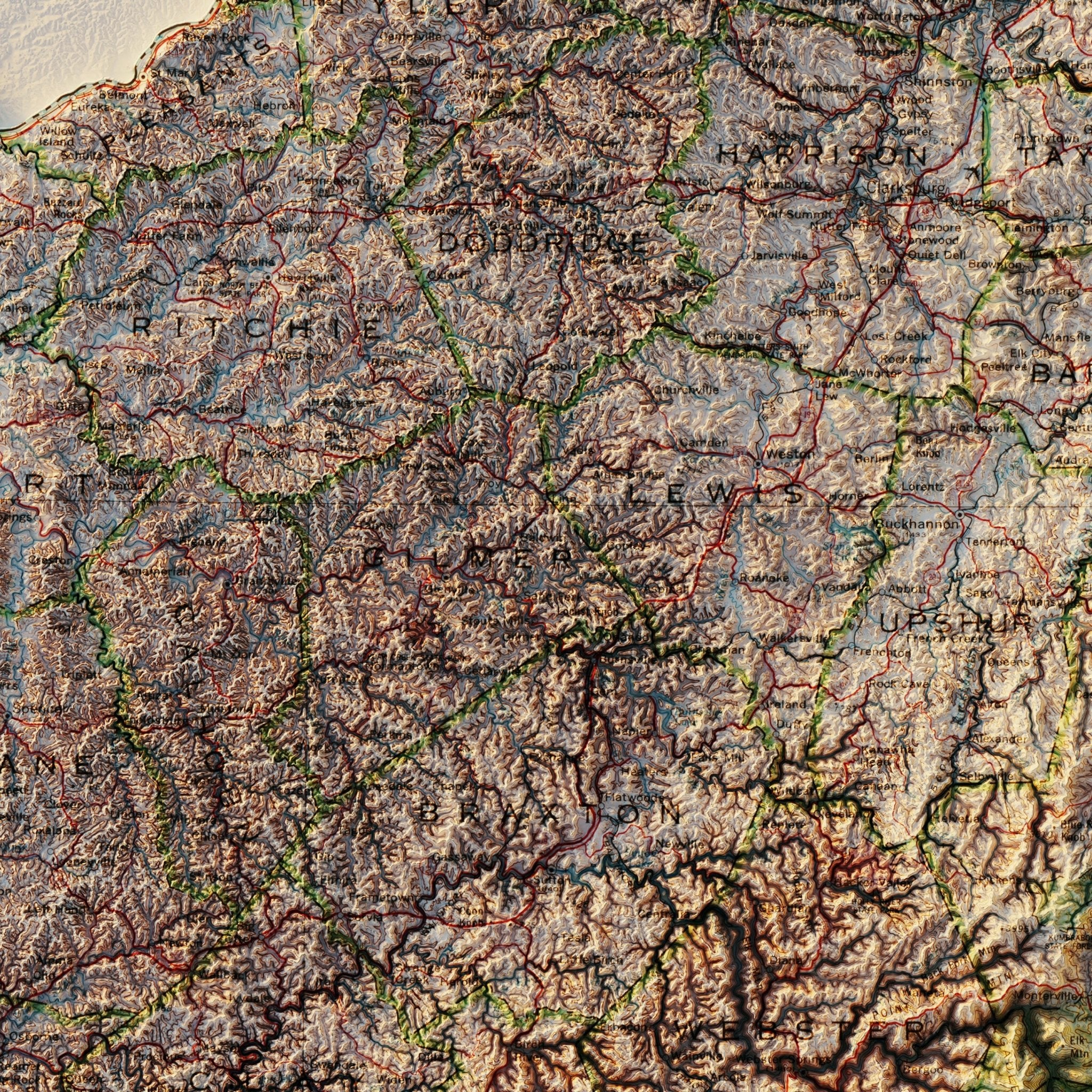 West Virginia 1984 Shaded Relief Map - Muir Way - Vintage Relief