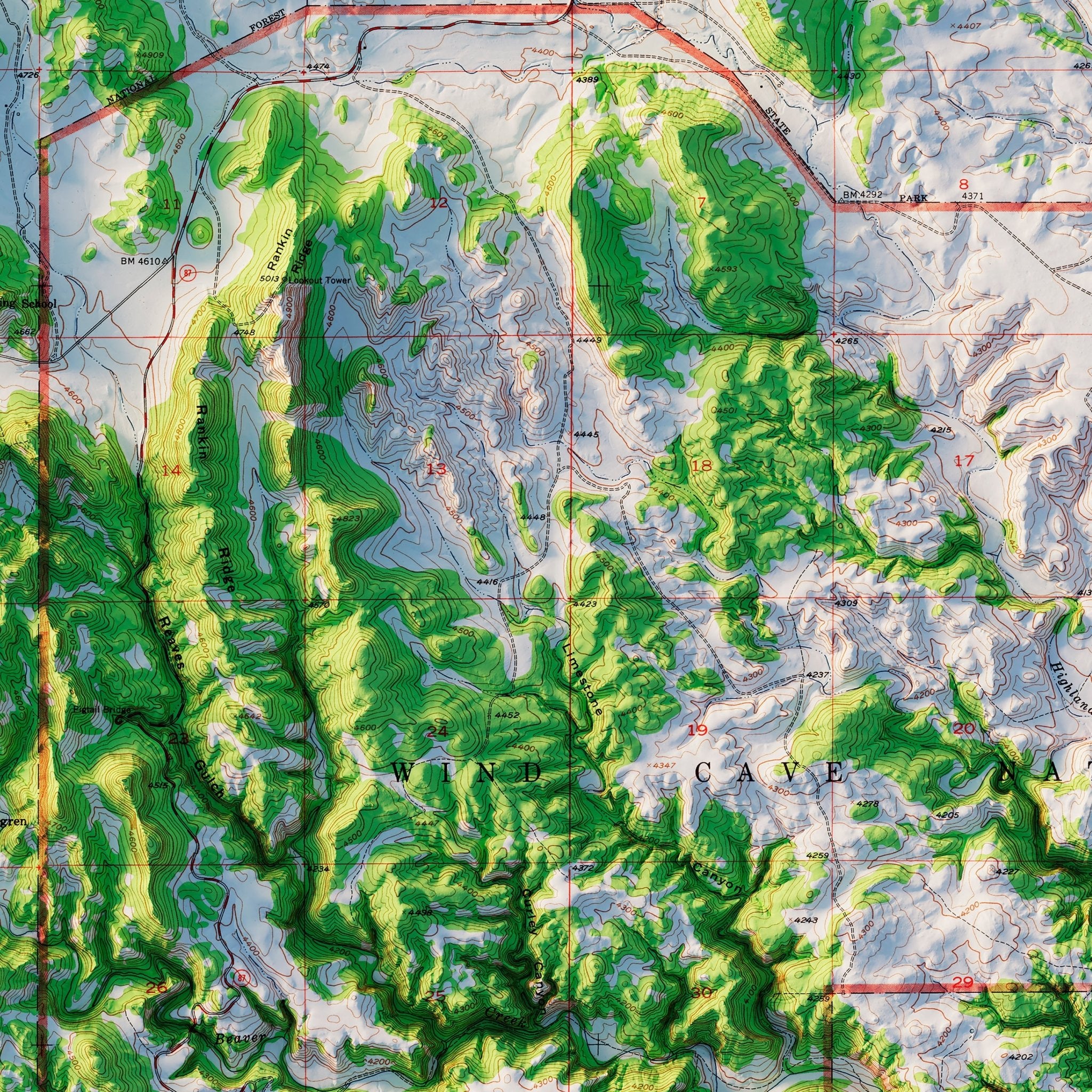 Wind Cave National Park 1957 Shaded Relief Map - Muir Way - Vintage Relief