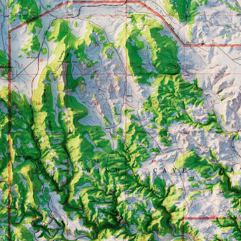 Wind Cave National Park 1957 Shaded Relief Map - Muir Way - Vintage Relief