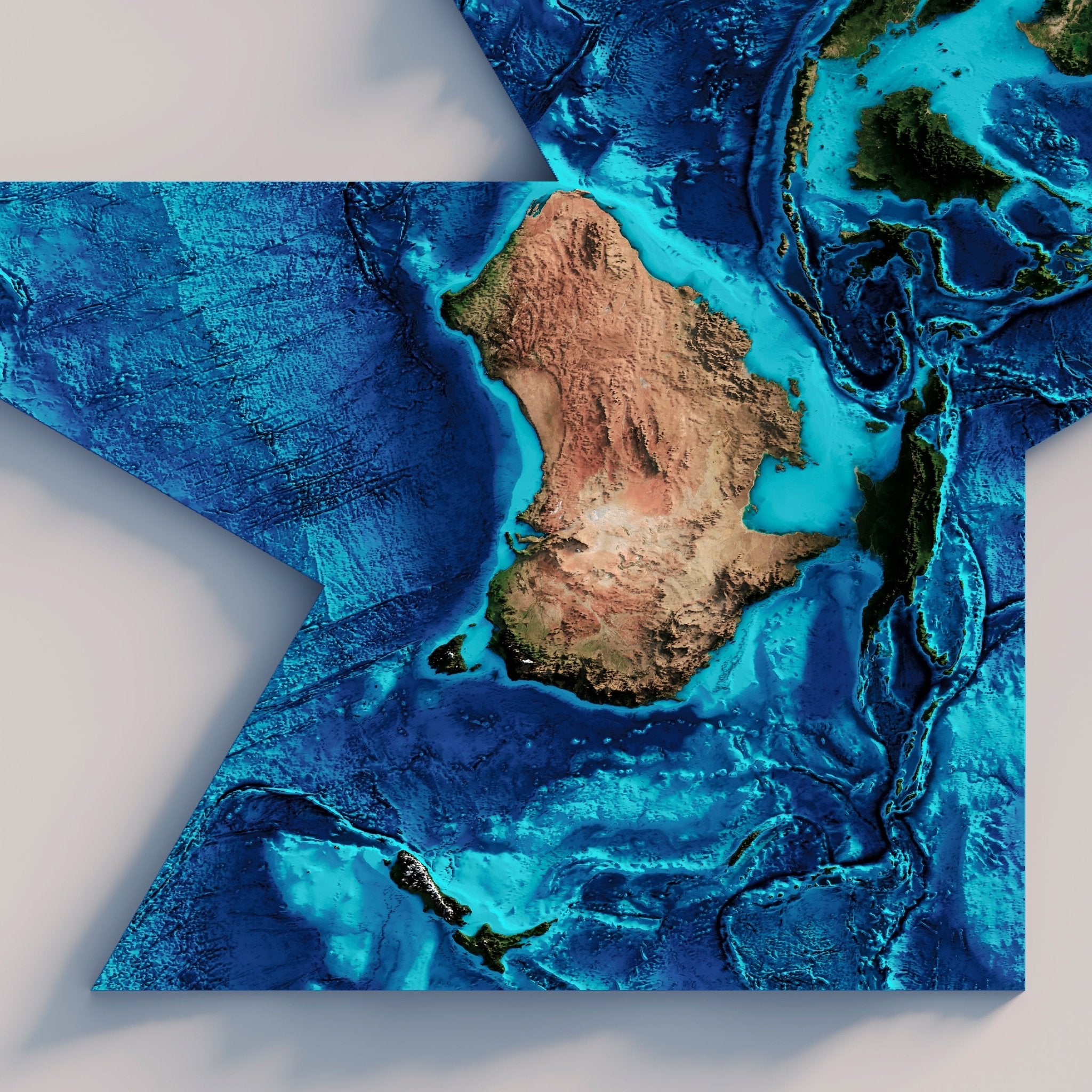 World Shaded Relief Map (Dymaxion Map) - Muir Way - Vintage Relief