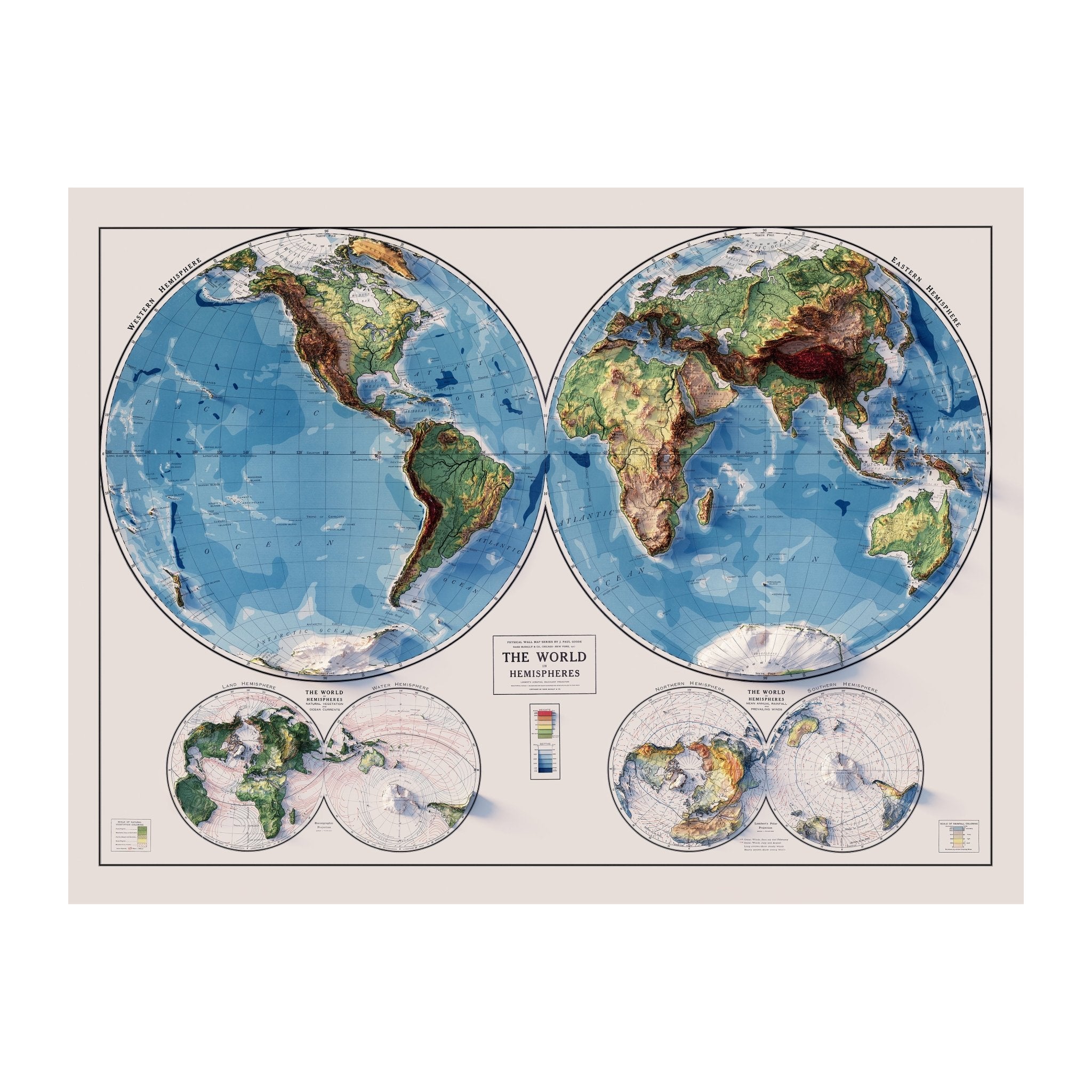 World Map 1917 Shaded Relief Map - Muir Way - Vintage Relief
