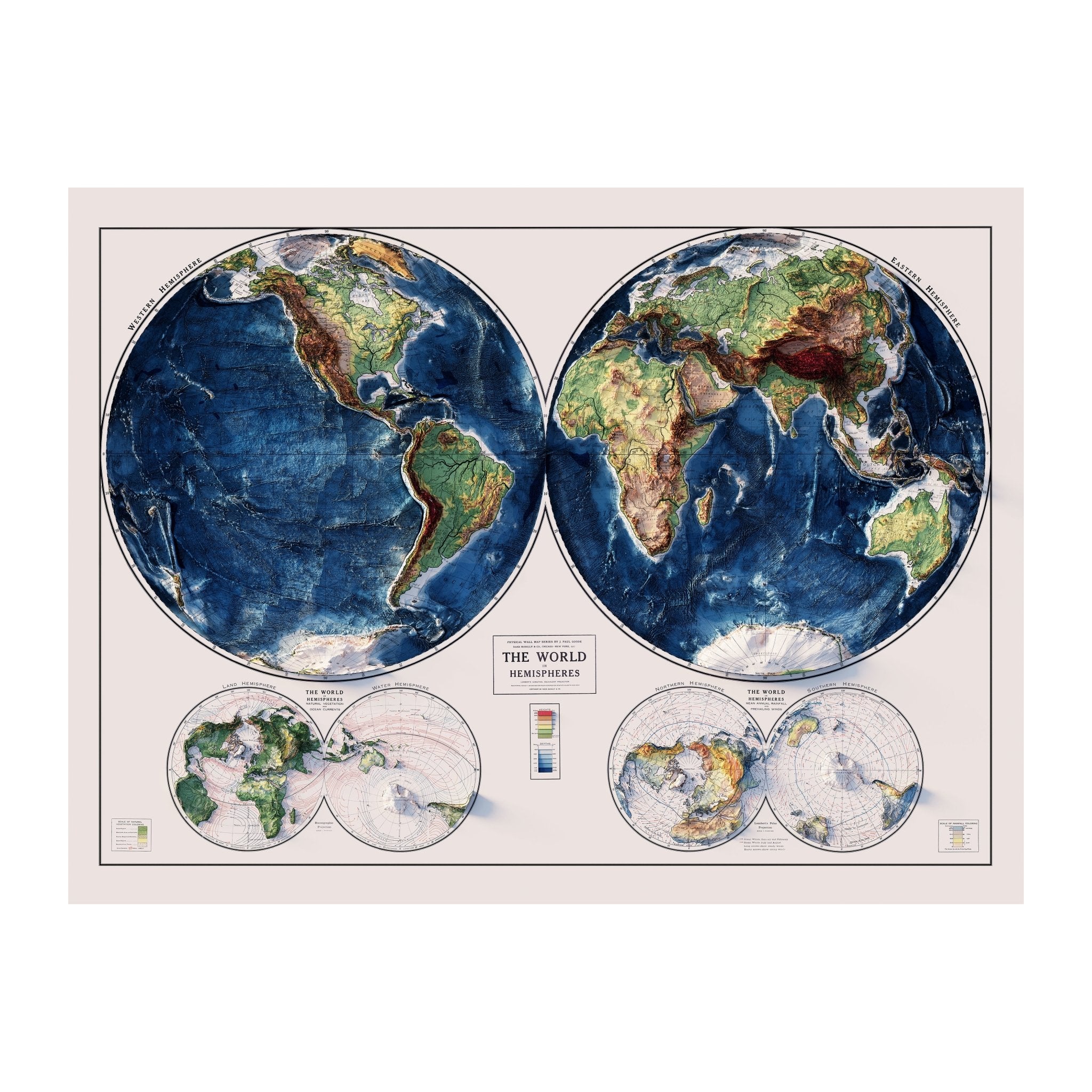 World Map 1917 Shaded Relief Map - Muir Way - Vintage Relief