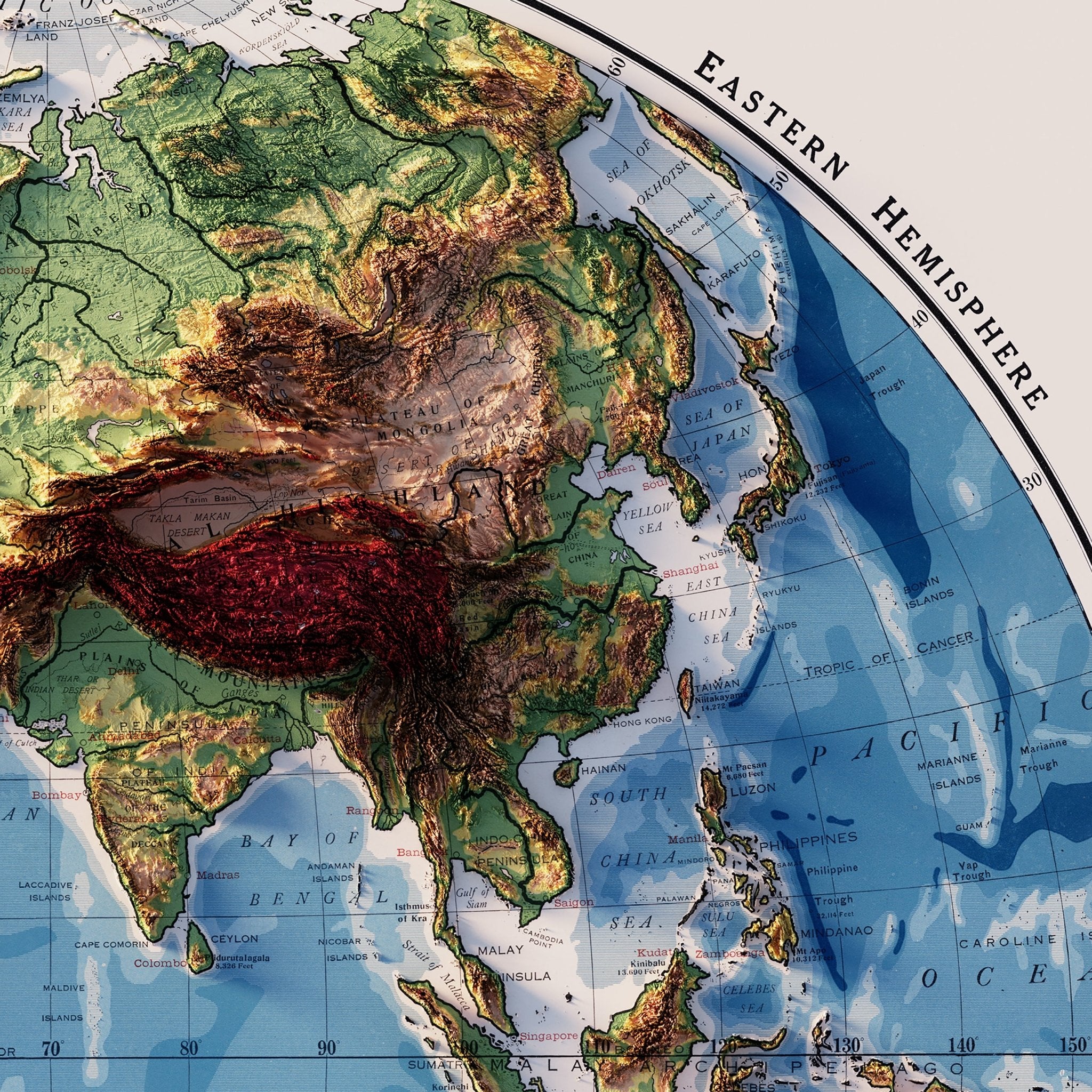 World Map 1917 Shaded Relief Map - Muir Way - Vintage Relief