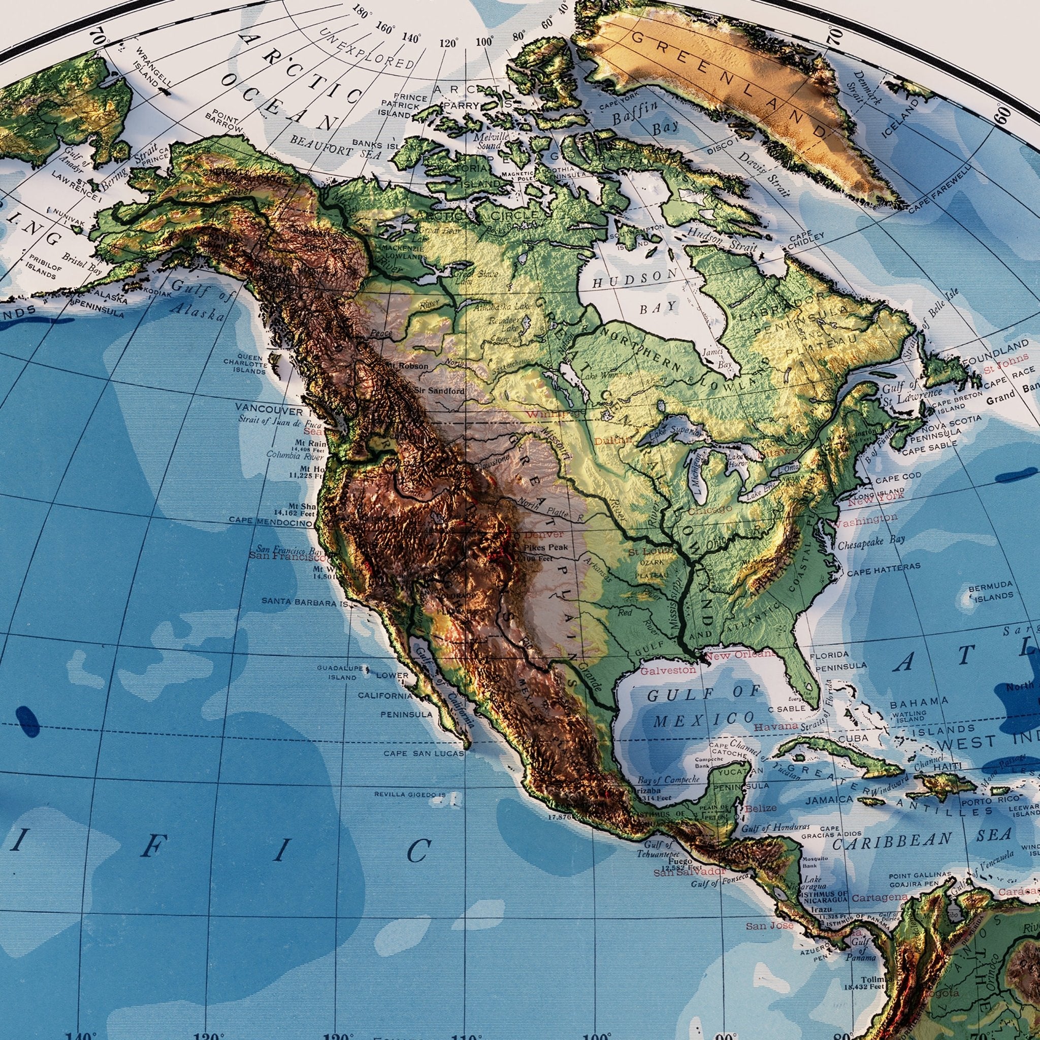 World Map 1917 Shaded Relief Map - Muir Way - Vintage Relief