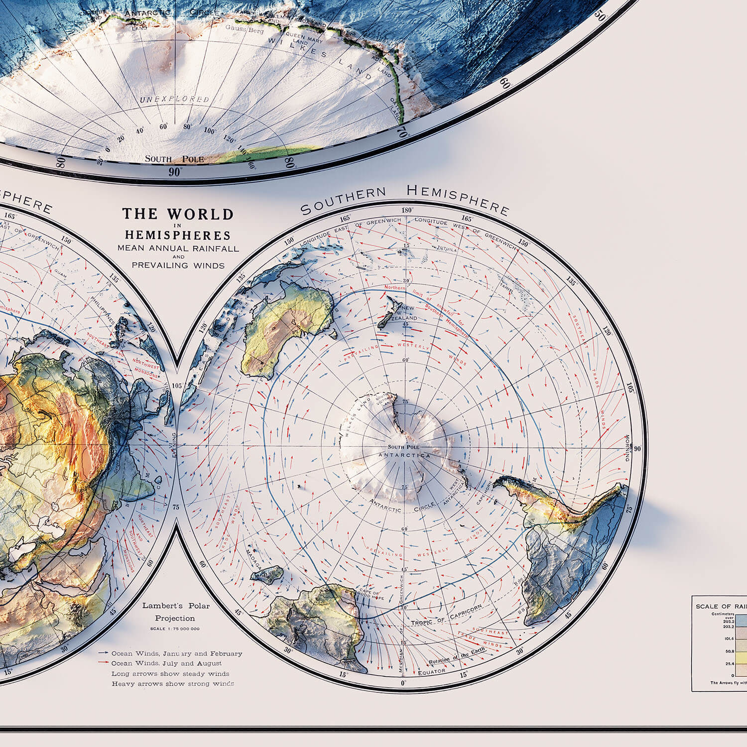 World Map 1917 Shaded Relief Map - Muir Way - Vintage Relief