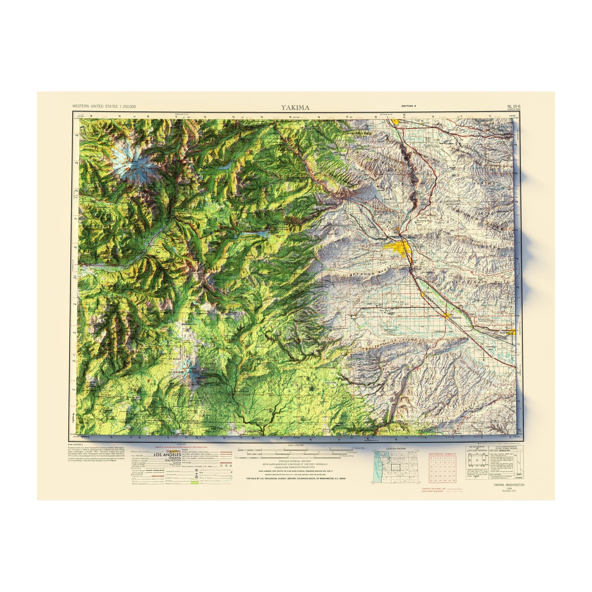 Yakima, WA 1958 Shaded Relief Map - Muir Way - Vintage Relief