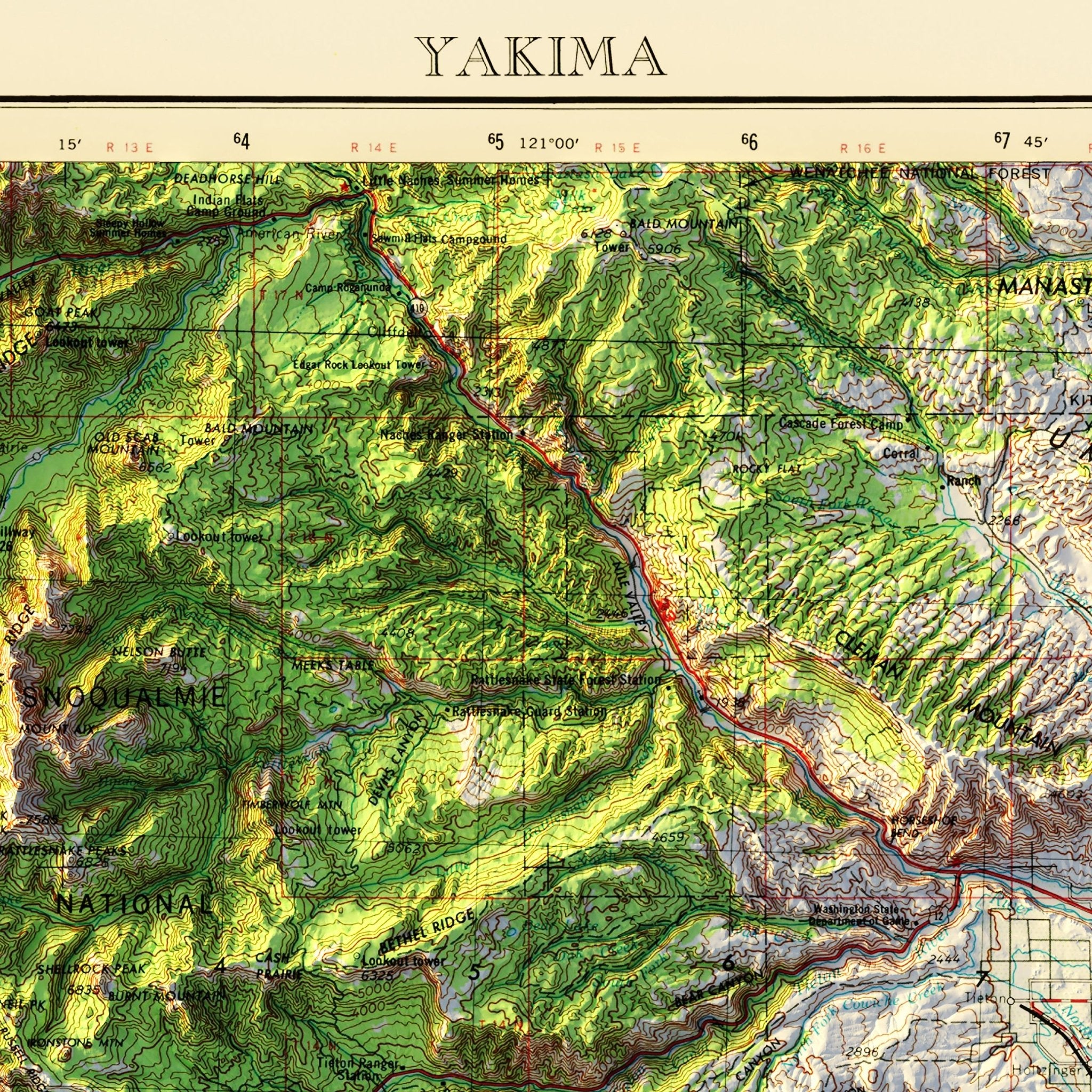 Yakima, WA 1958 Shaded Relief Map - Muir Way - Vintage Relief