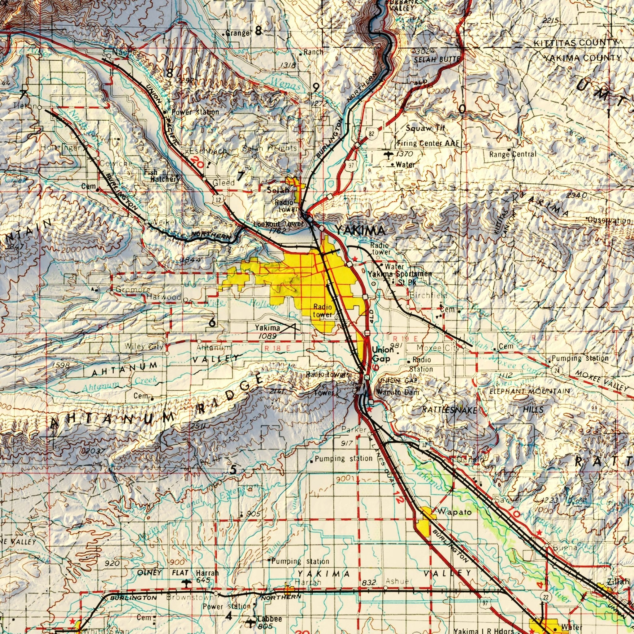Yakima, WA 1958 Shaded Relief Map - Muir Way - Vintage Relief