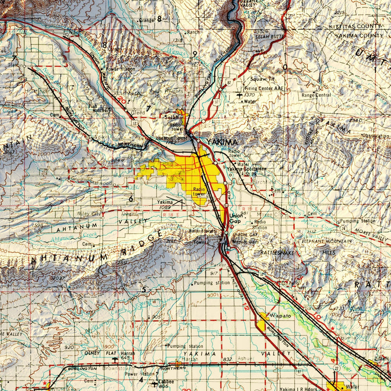 Yakima, WA 1958 Shaded Relief Map - Muir Way - Vintage Relief