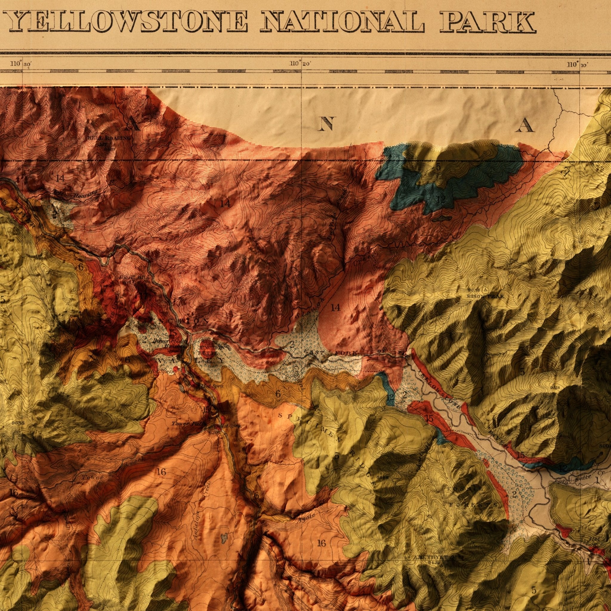 Yellowstone 1878 Shaded Relief Map - Muir Way - Vintage Relief