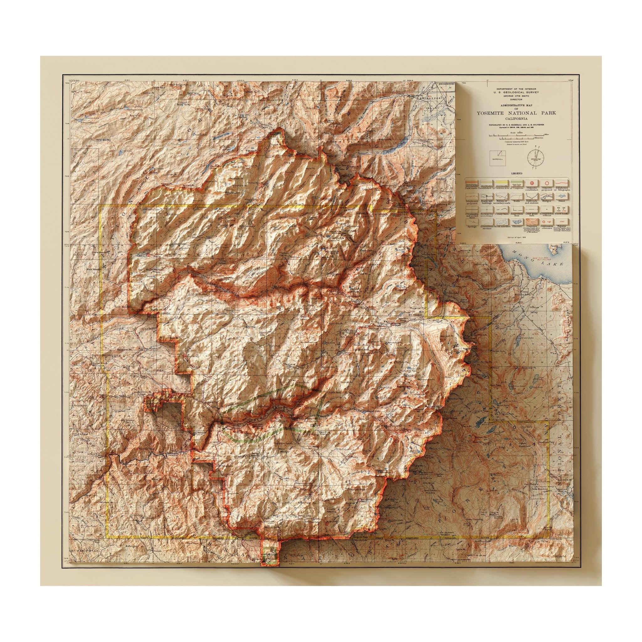Yosemite 1910 Shaded Relief Map - Muir Way - Vintage Relief