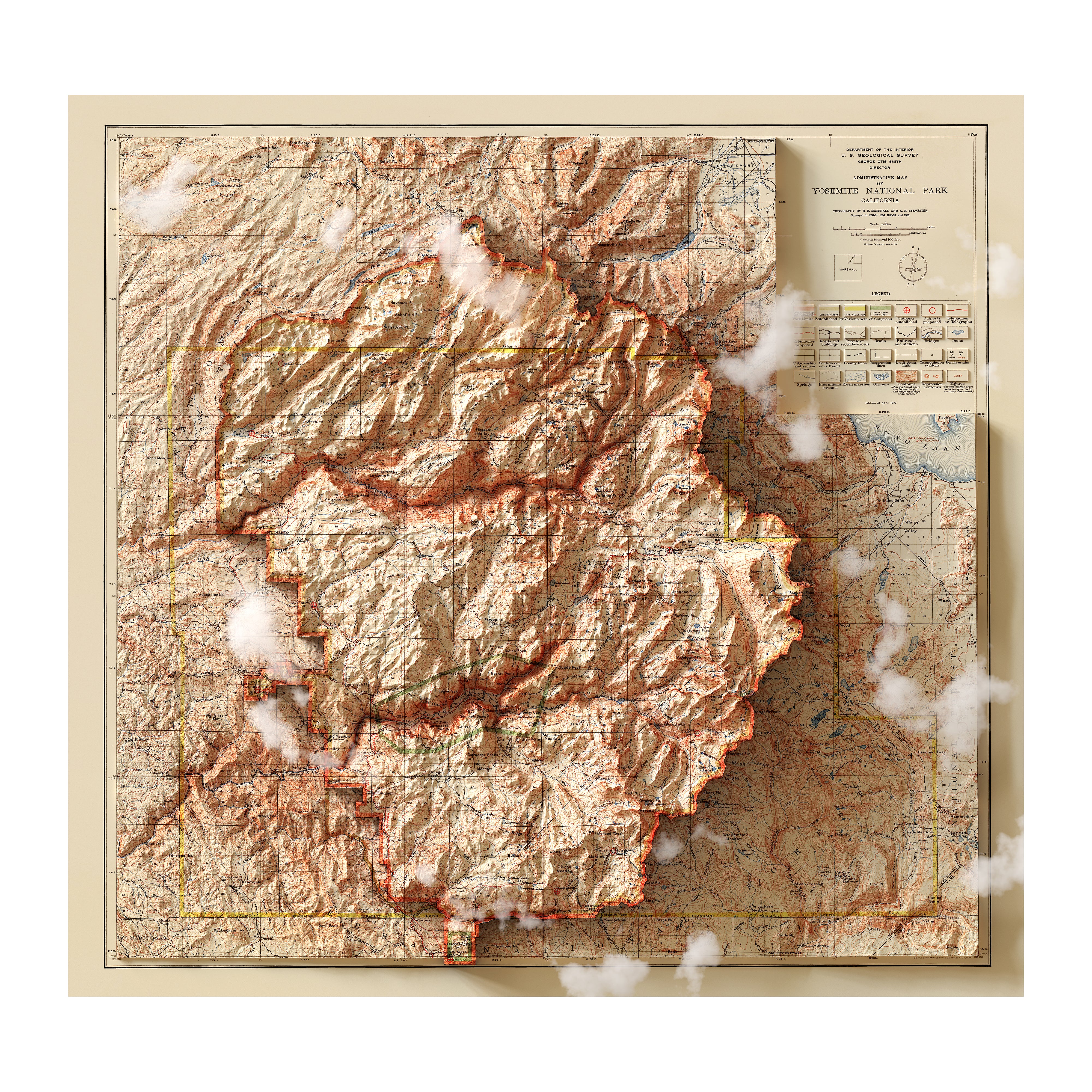 Vintage Relief Map of Yosemite National Park - 1910