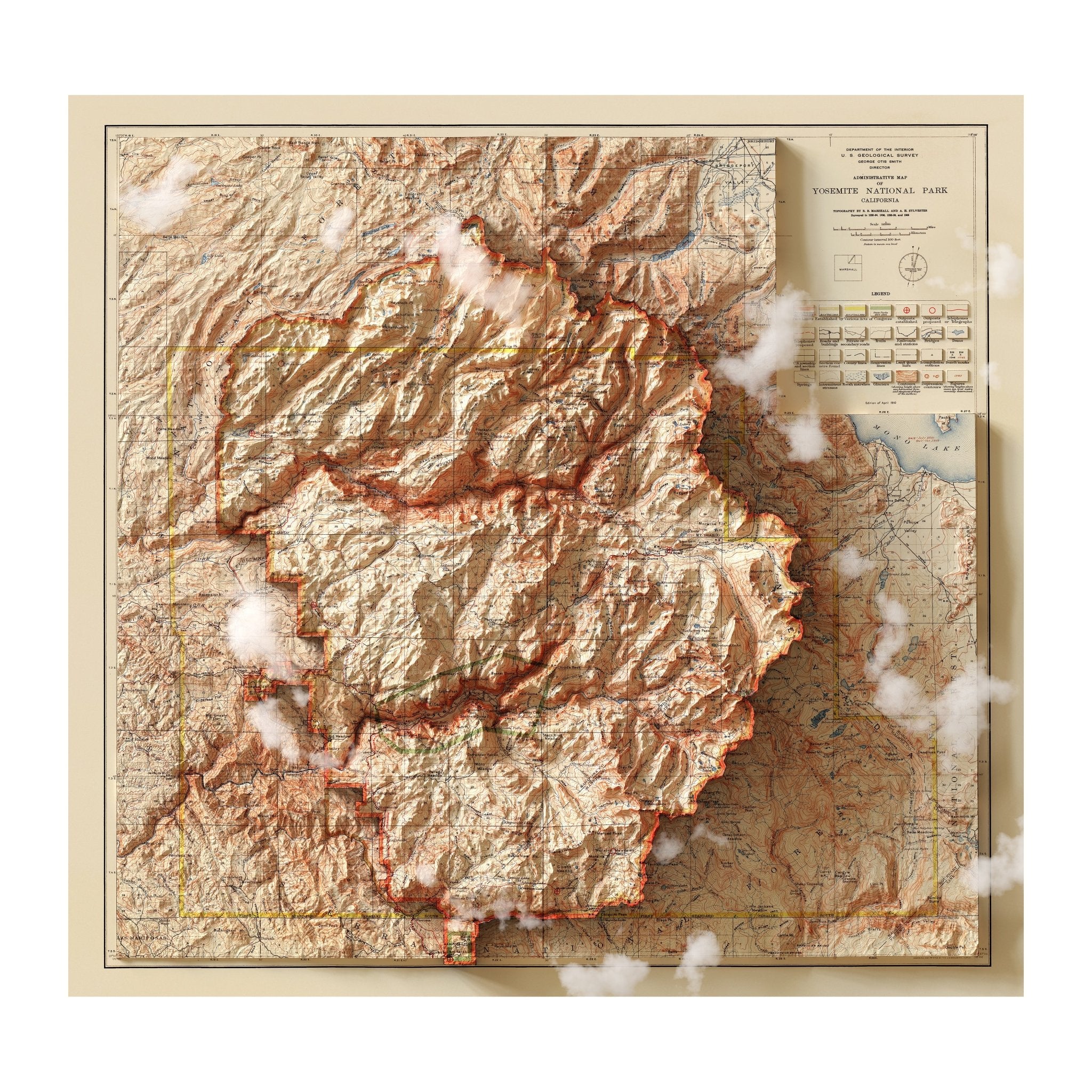 Yosemite 1910 Shaded Relief Map - Muir Way - Vintage Relief