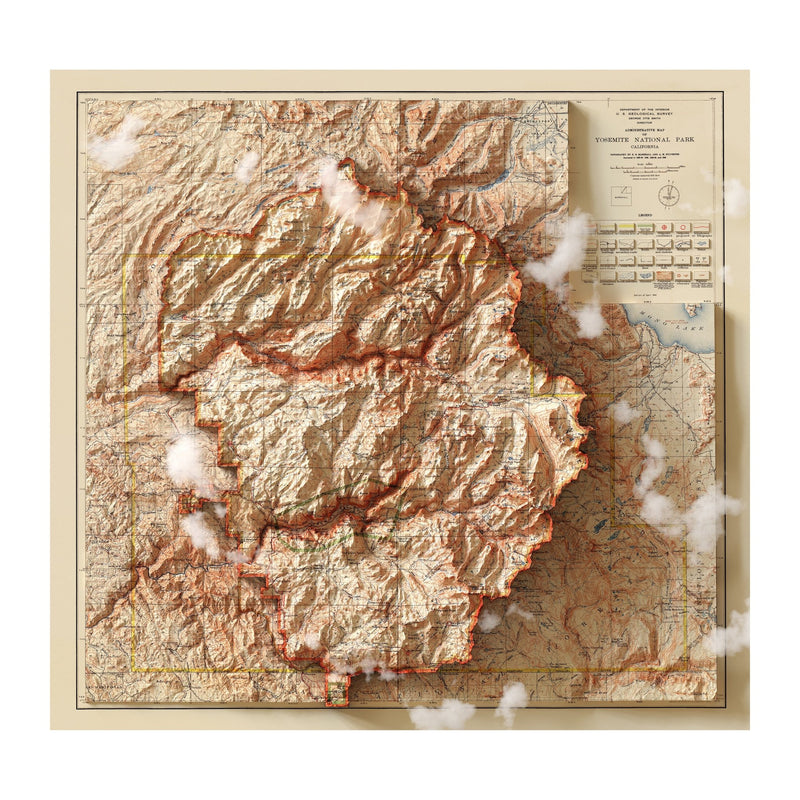 Yosemite 1910 Shaded Relief Map - Muir Way - Vintage Relief