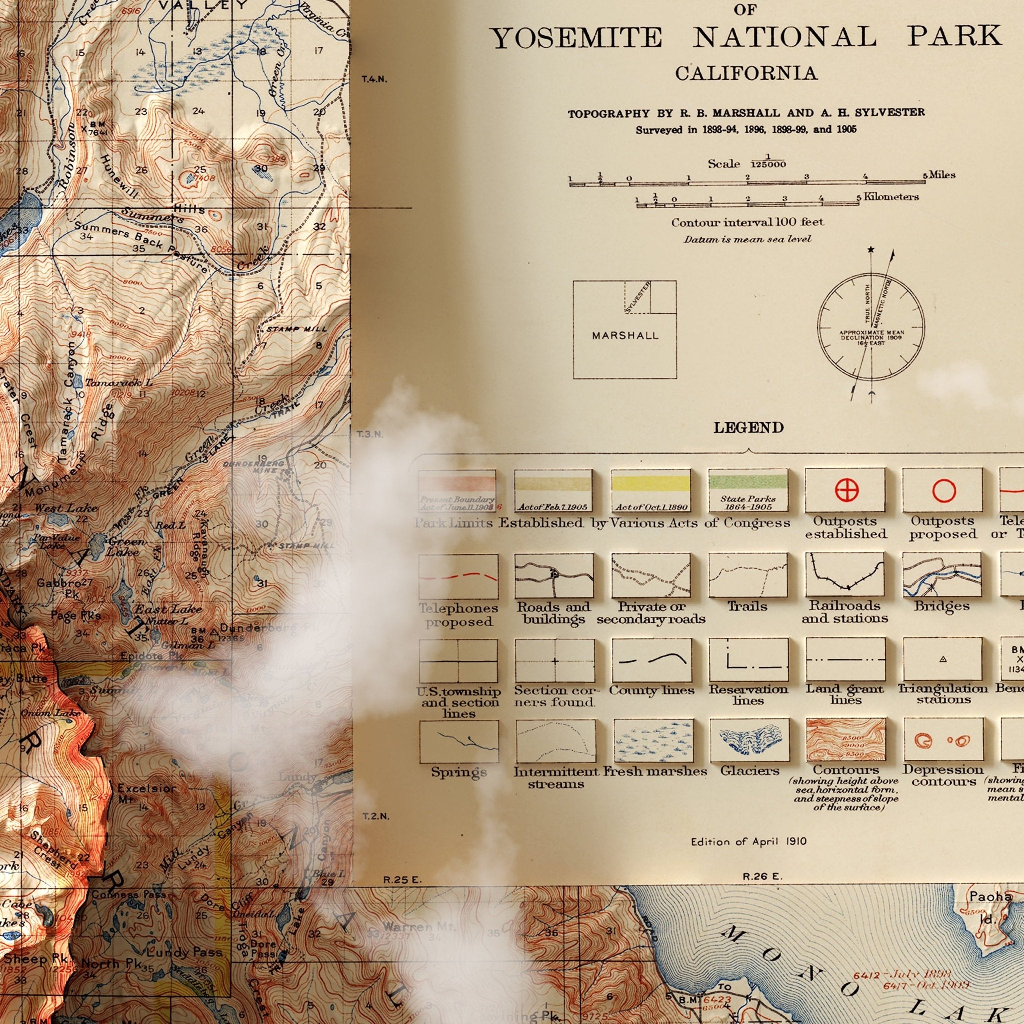 Yosemite 1910 Shaded Relief Map - Muir Way - Vintage Relief