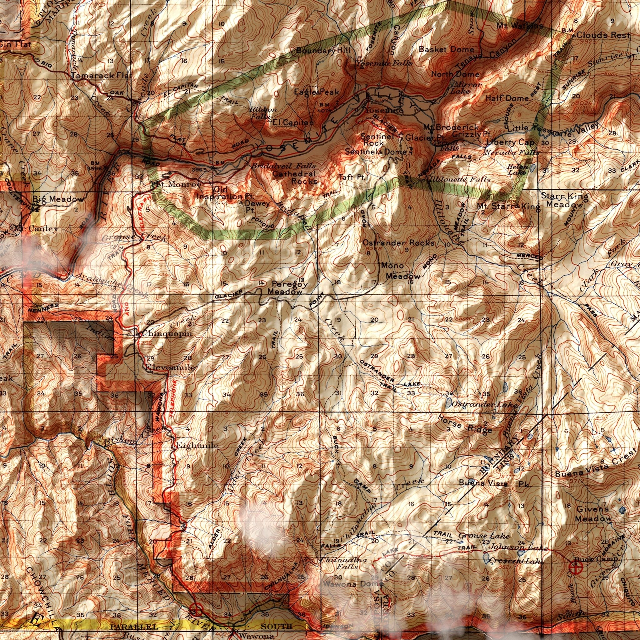 Yosemite 1910 Shaded Relief Map - Muir Way - Vintage Relief