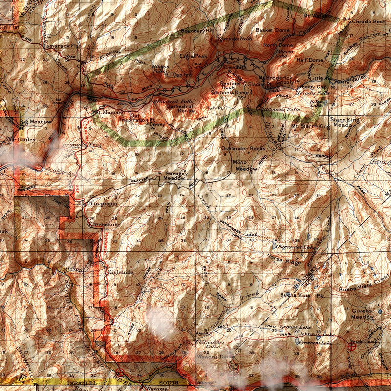 Yosemite 1910 Shaded Relief Map - Muir Way - Vintage Relief
