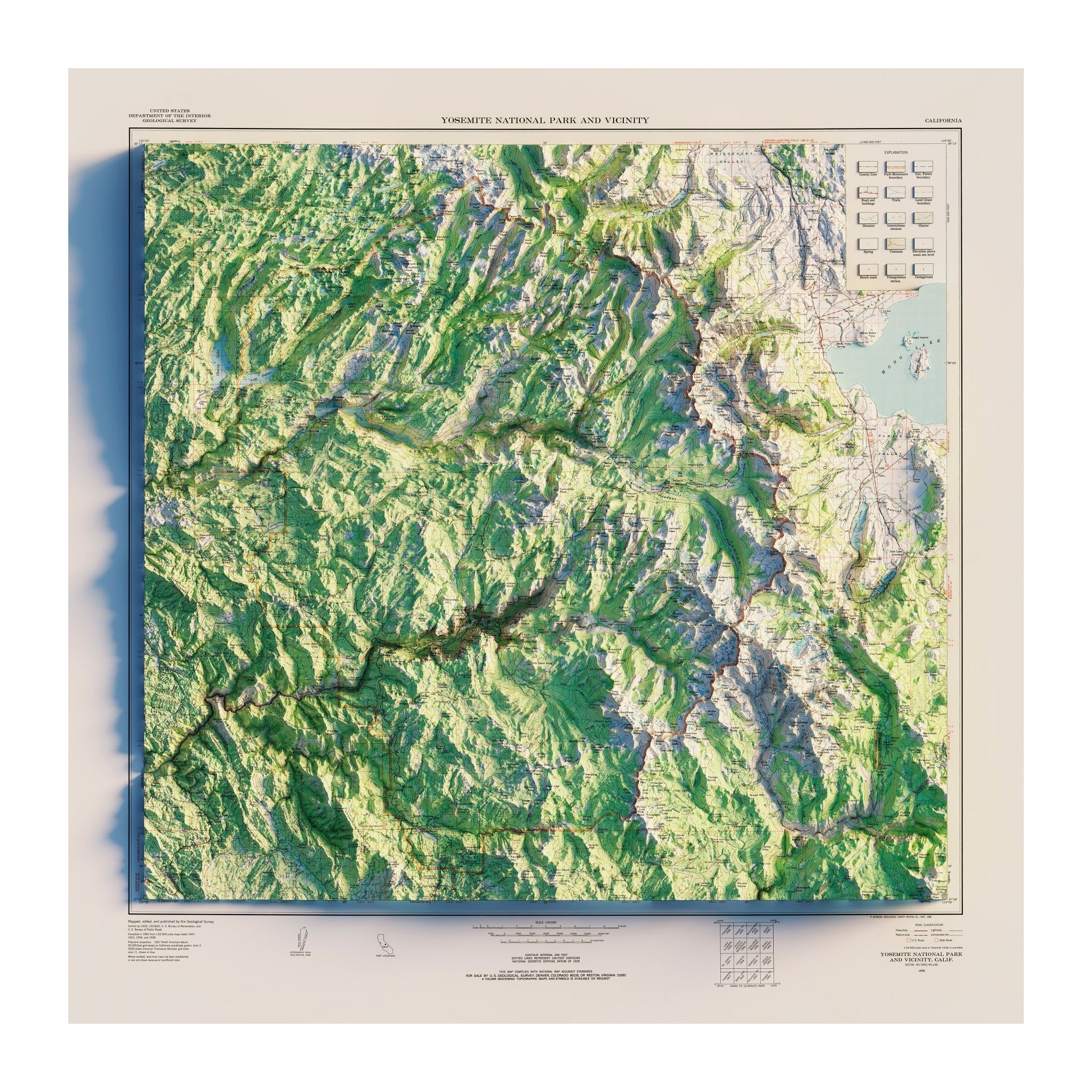 Yosemite National Park 1958 Shaded Relief Map - Muir Way - Vintage Relief