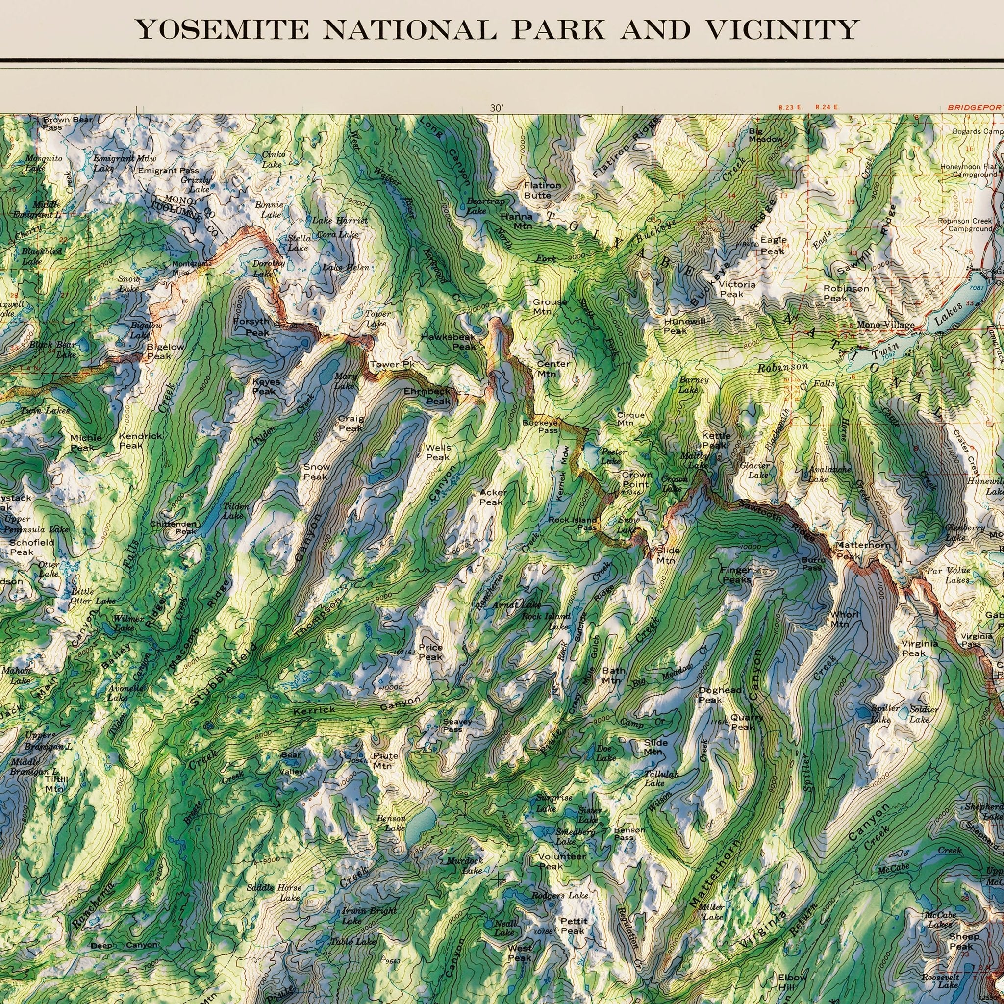 Yosemite National Park 1958 Shaded Relief Map - Muir Way - Vintage Relief