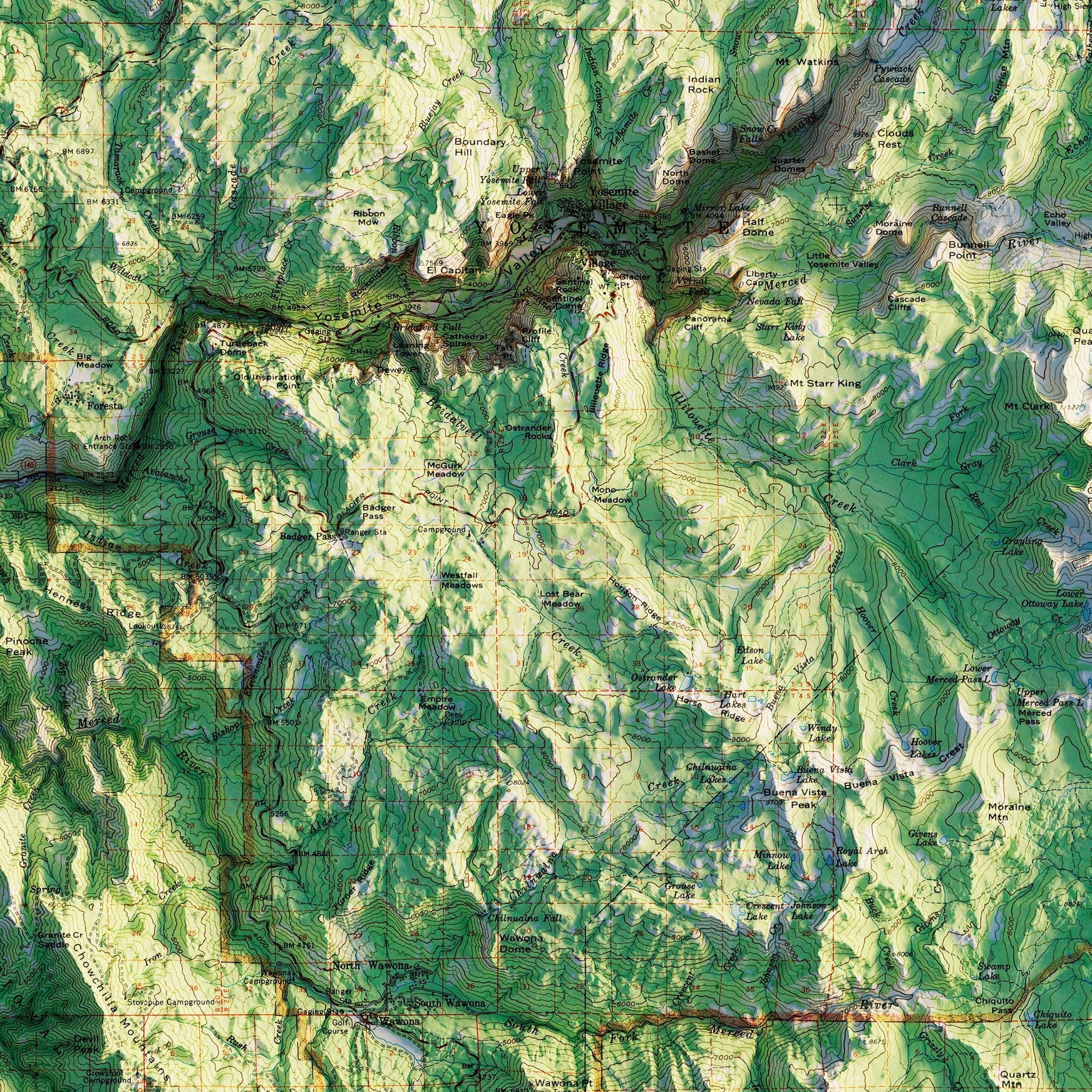 Yosemite National Park 1958 Shaded Relief Map - Muir Way - Vintage Relief