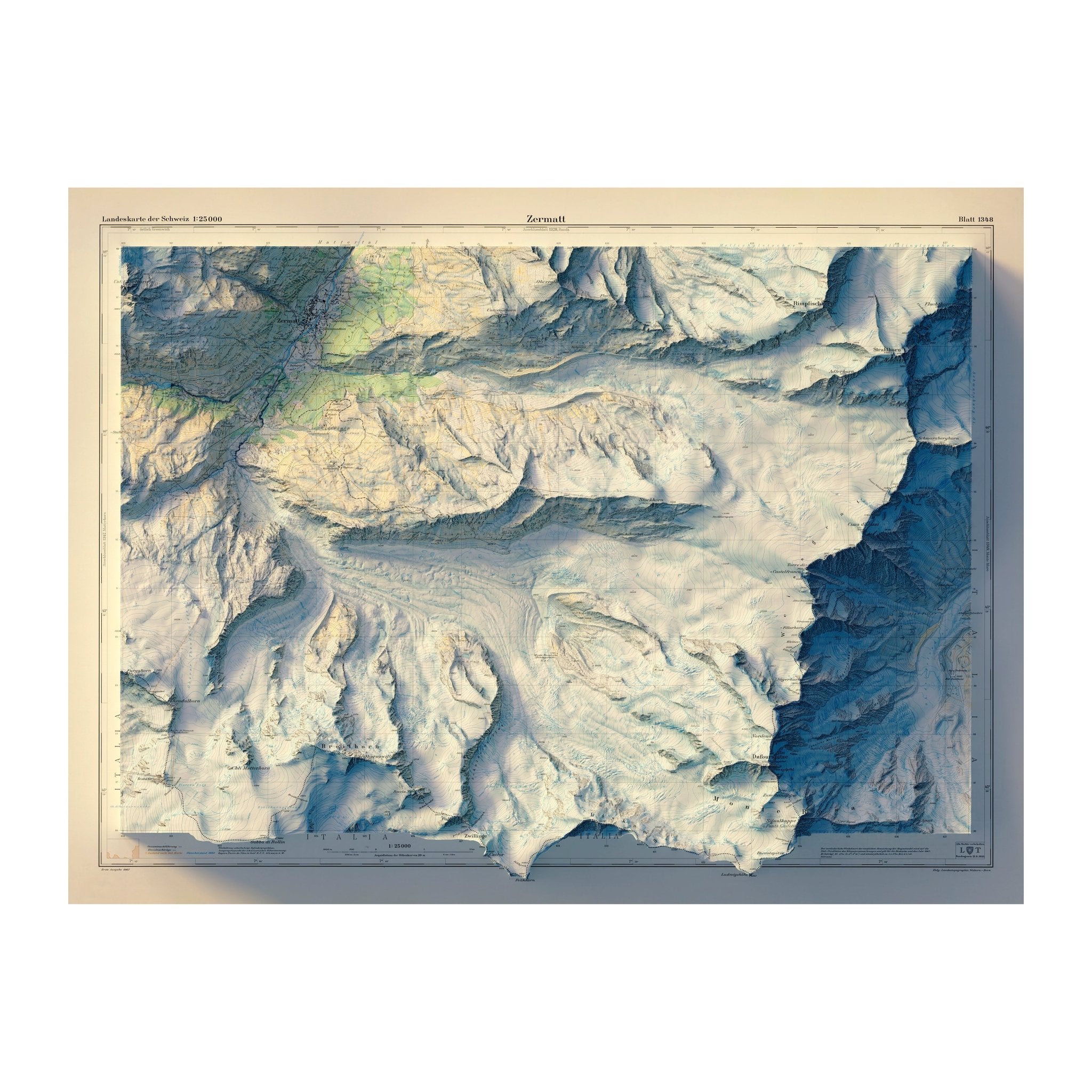 Zermatt 1970 Shaded Relief Map - Muir Way - Vintage Relief