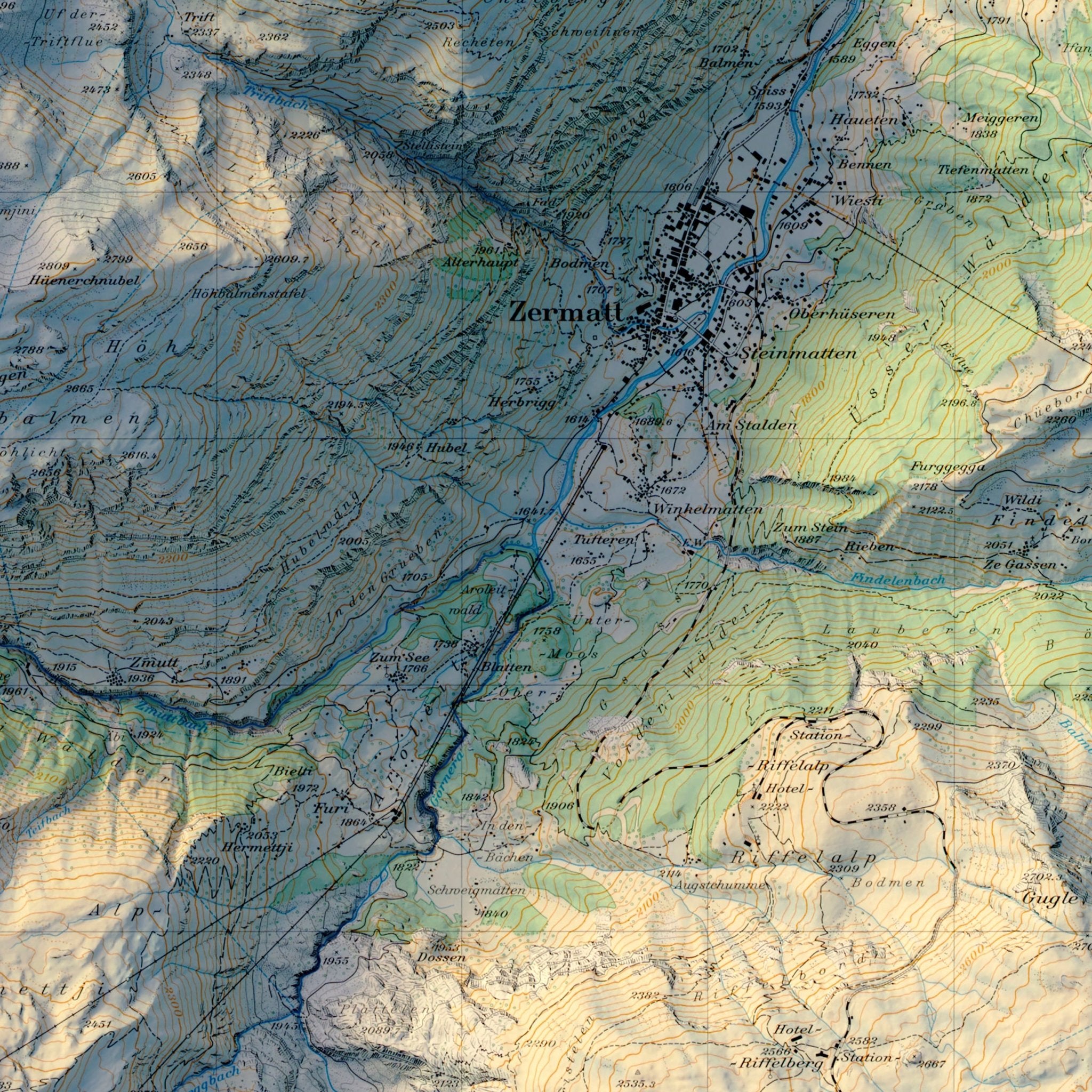 Zermatt 1970 Shaded Relief Map - Muir Way - Vintage Relief