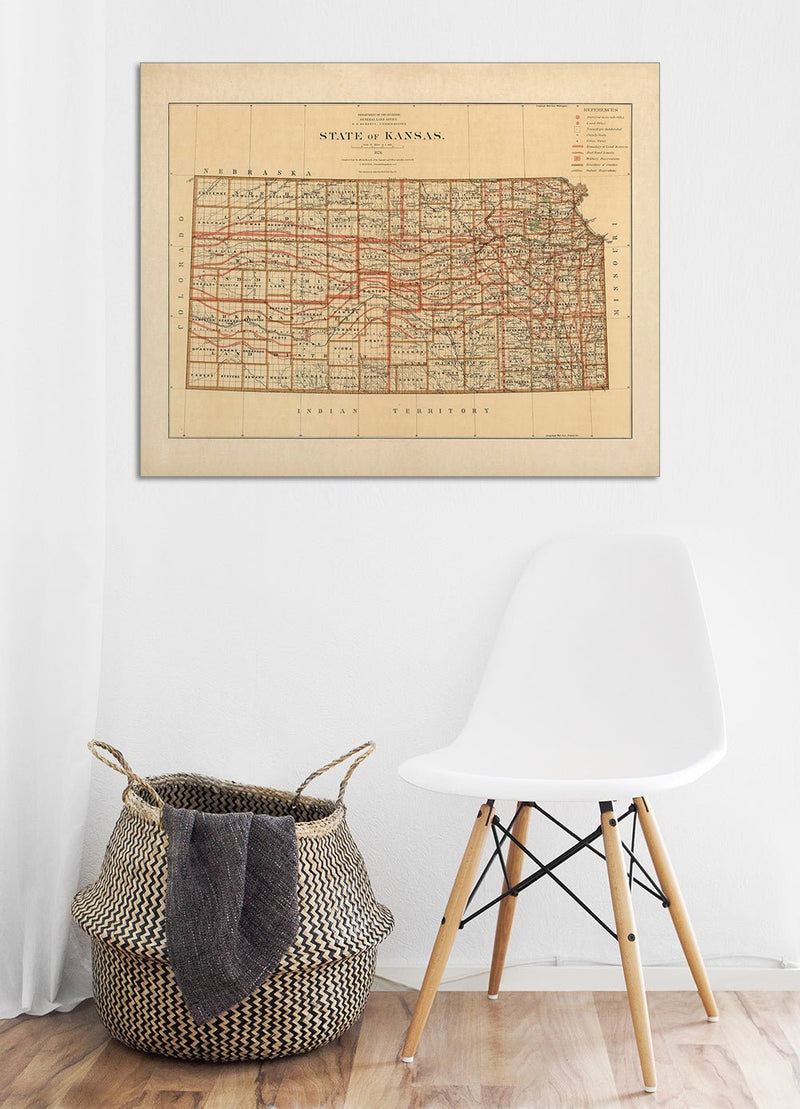 Kansas State 1876 Map - Muir Way - Vintage Map