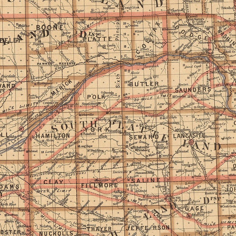 Nebraska State 1876 Map - Muir Way - Vintage Map